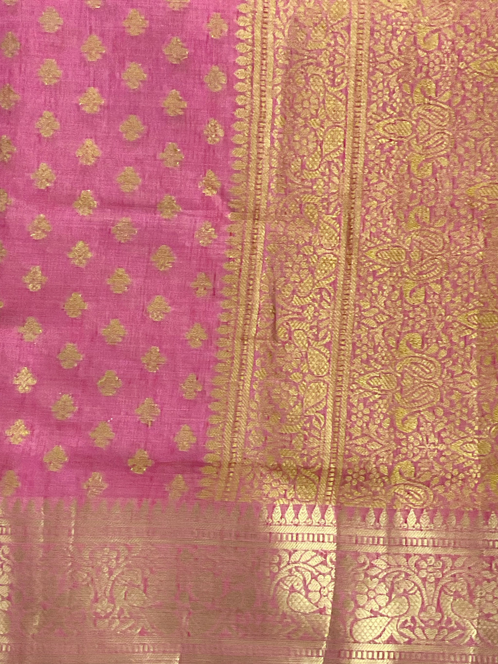 Hot pink handloom cotton silk saree with zari butti