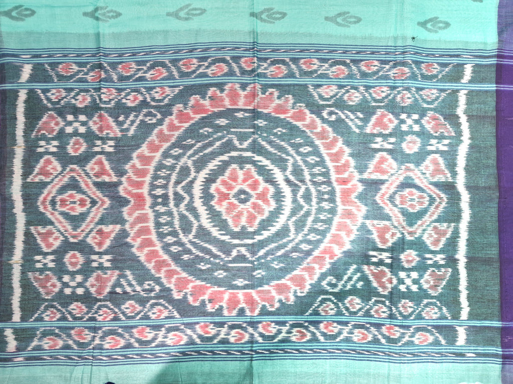 Grey & Teal Handloom Ikat Cotton Saree with Pink Floral Motifs