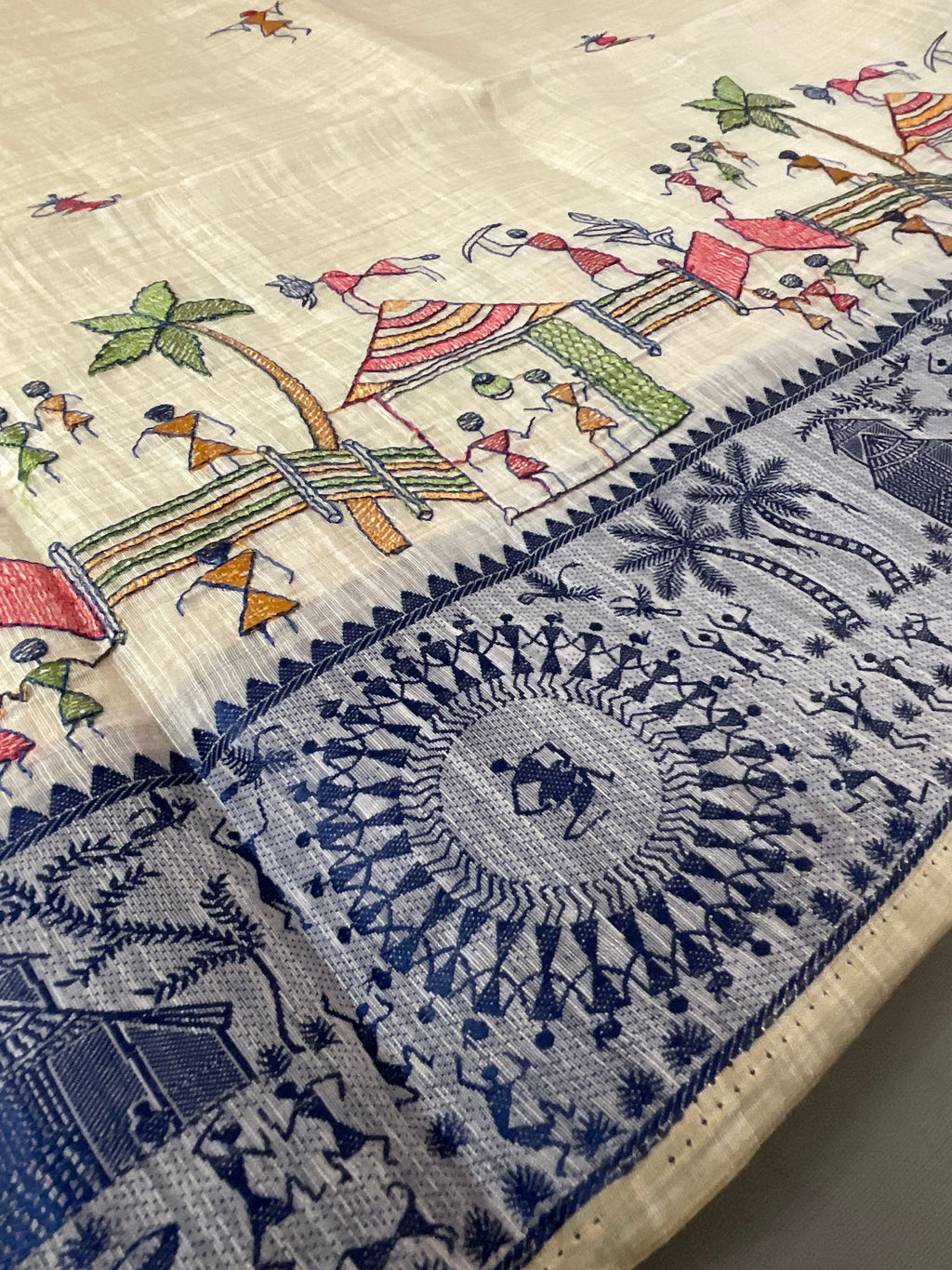 Warli Weaving Border Cotton Linen Saree in Royal Blue with Lined Pallu