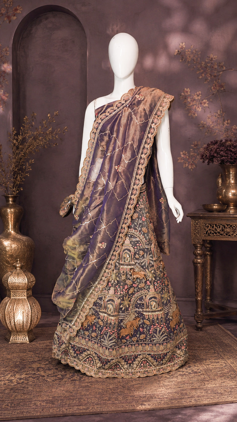Antique Mauve Handloom Silk Bridal Lehenga with Pastel Floral Embroidery