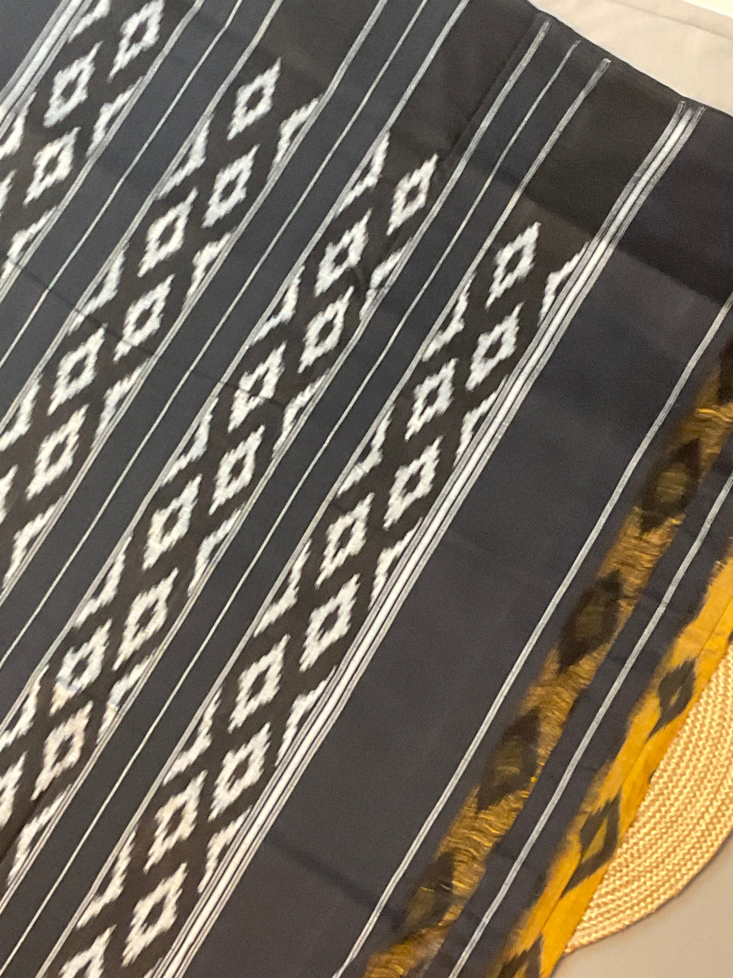 Mustard & Black Pochampally Ikat Handloom Cotton Saree with Contrast Pallu – Without Blouse