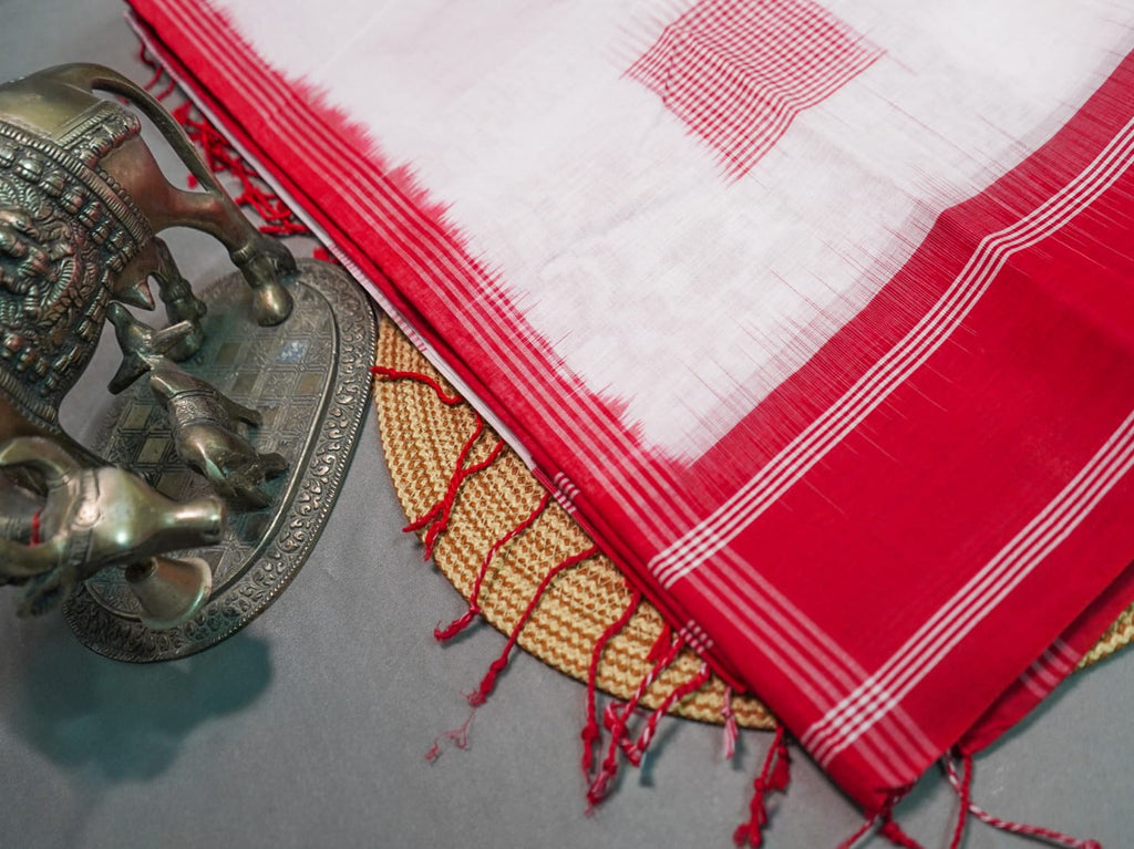White Pochampally Ikat Cotton Saree with Red Border & Blouse