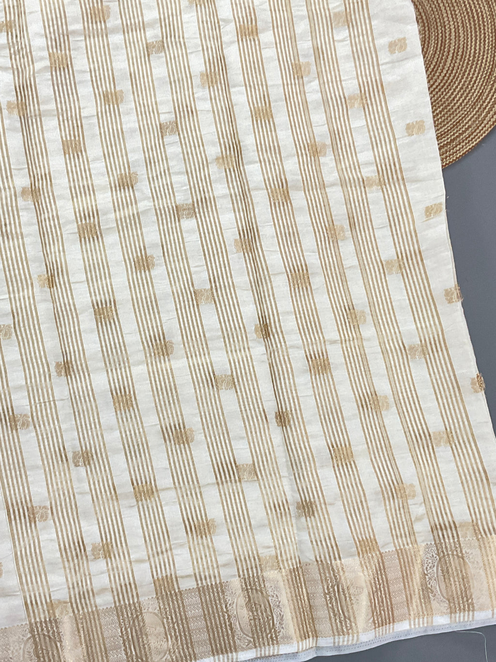 White and gold zari butti silk saree design 2