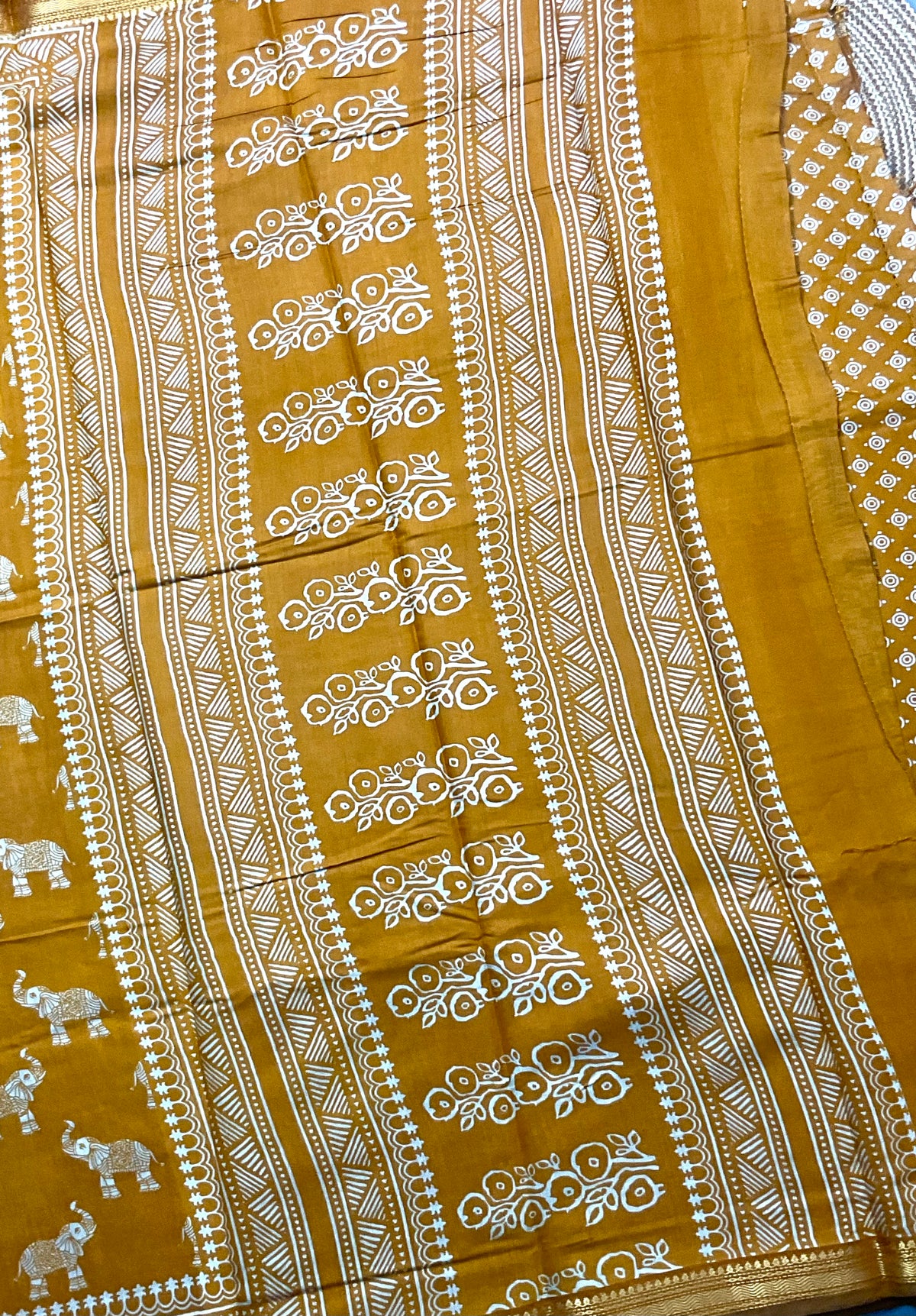 Rajwada Style Handprinted Elephant Soft Silk Saree in Mustard with Designer Pallu