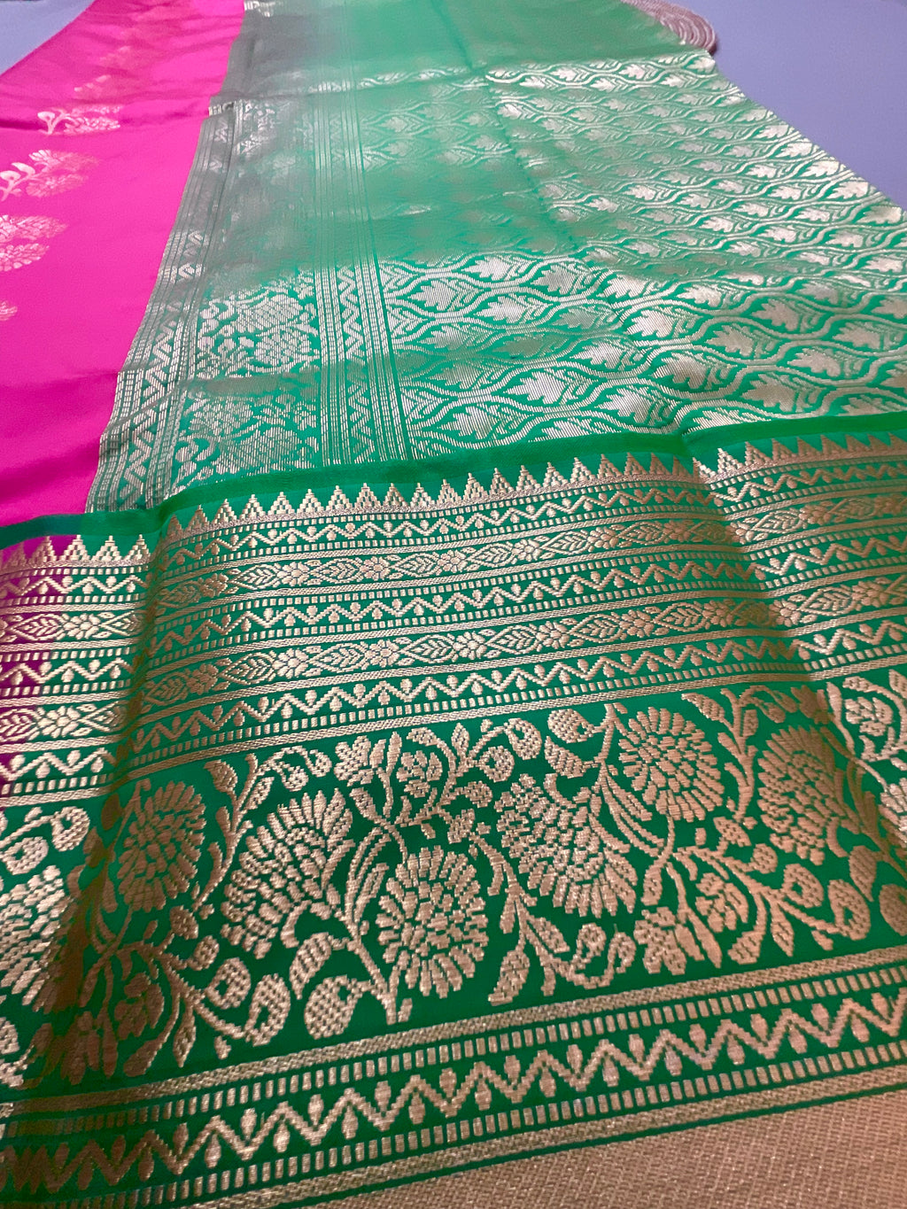 Pink Kanchipuram Tissue Silk Saree – Green Contrast Pallu & Green Heavy Border with Blouse