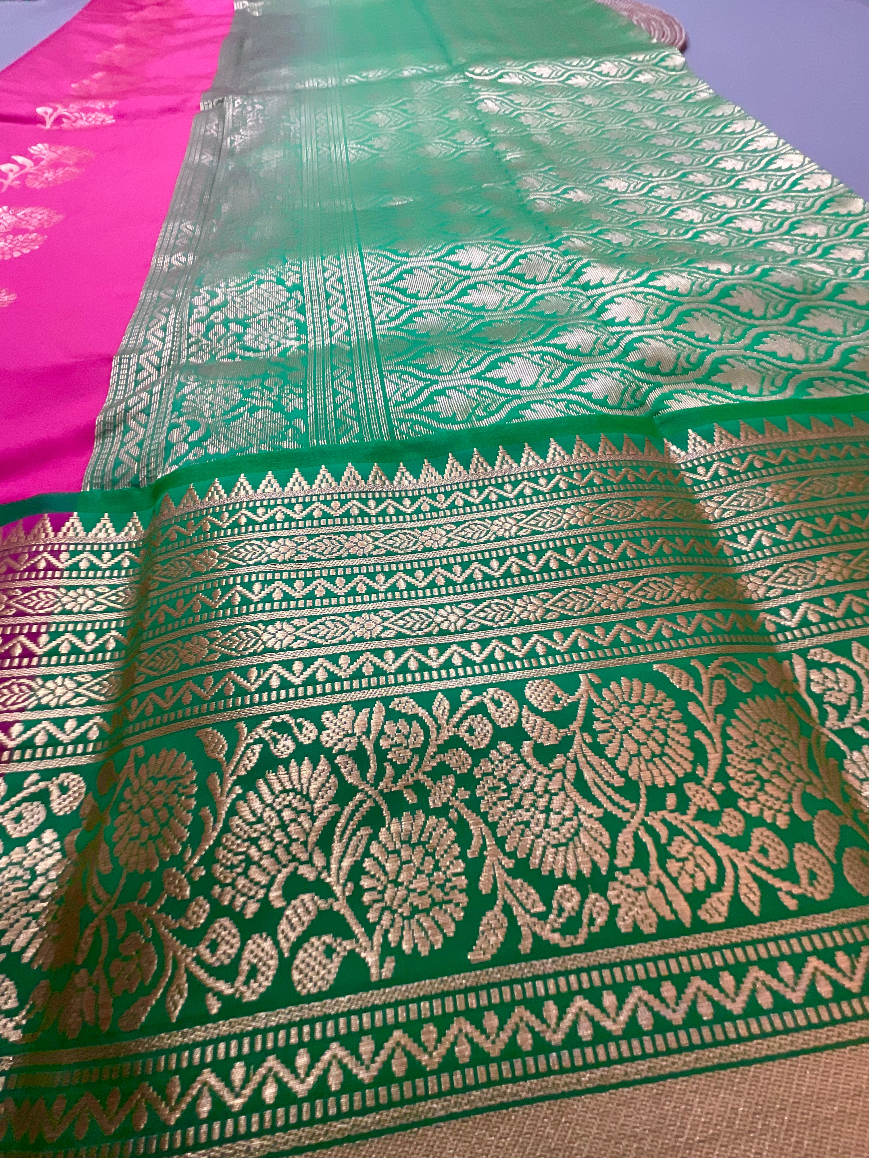 Pink Kanchipuram Tissue Silk Saree – Green Contrast Pallu & Green Heavy Border with Blouse