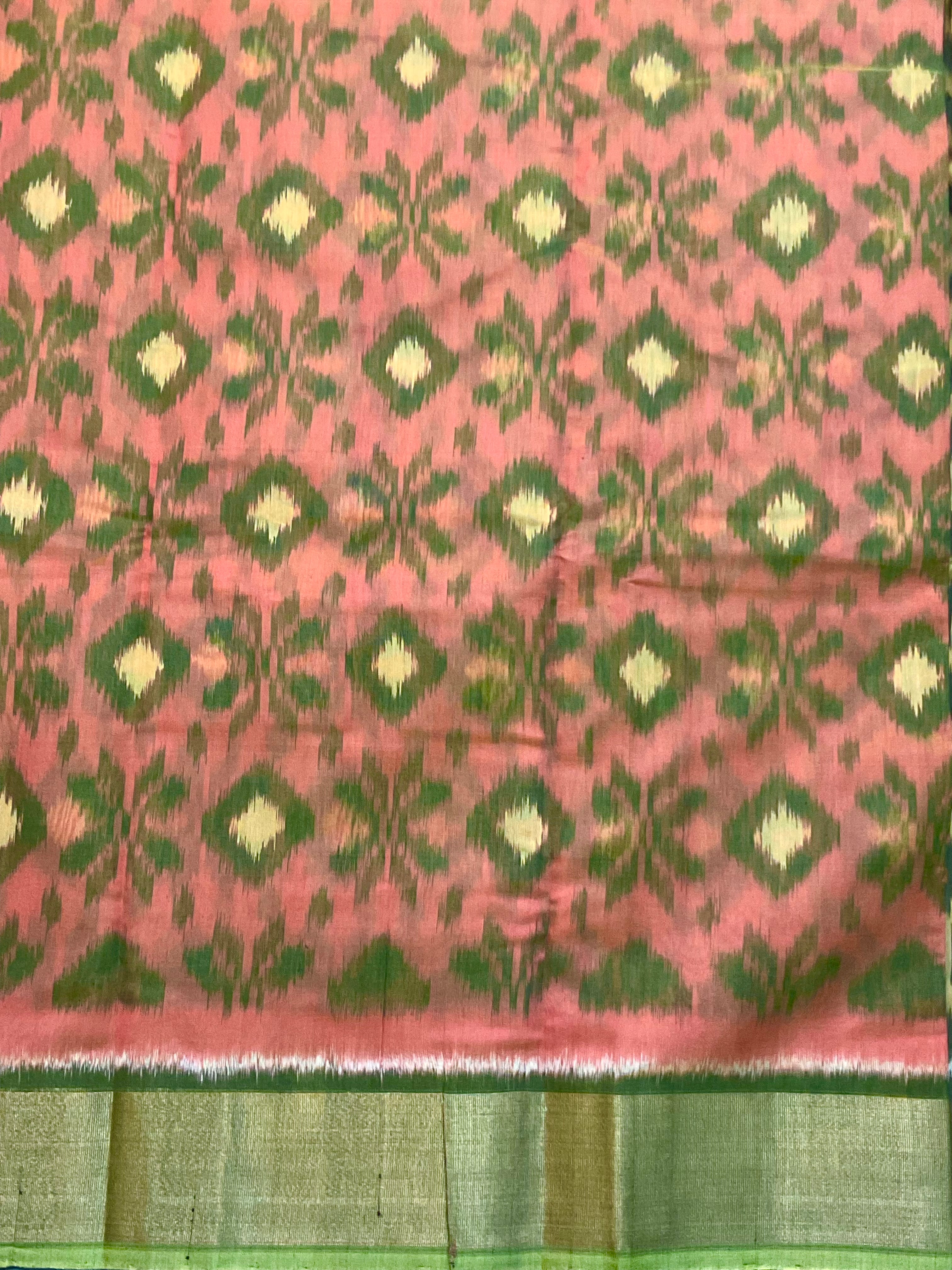 Orange & Green Floral Pochampally Sico Silk Saree