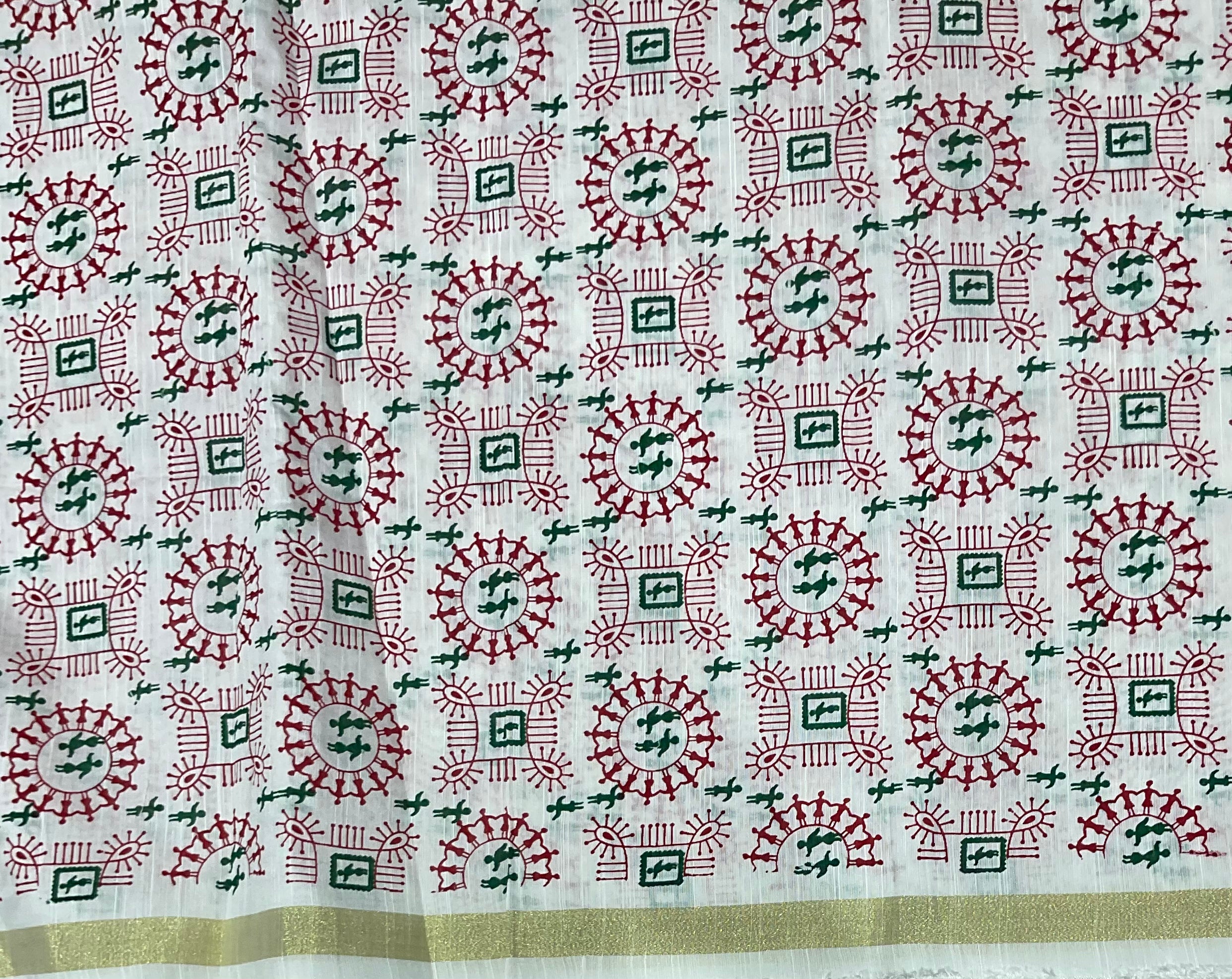 Kalamkari Vareli Bali Print Cotton Fabric with Gold Border (Per Metre)