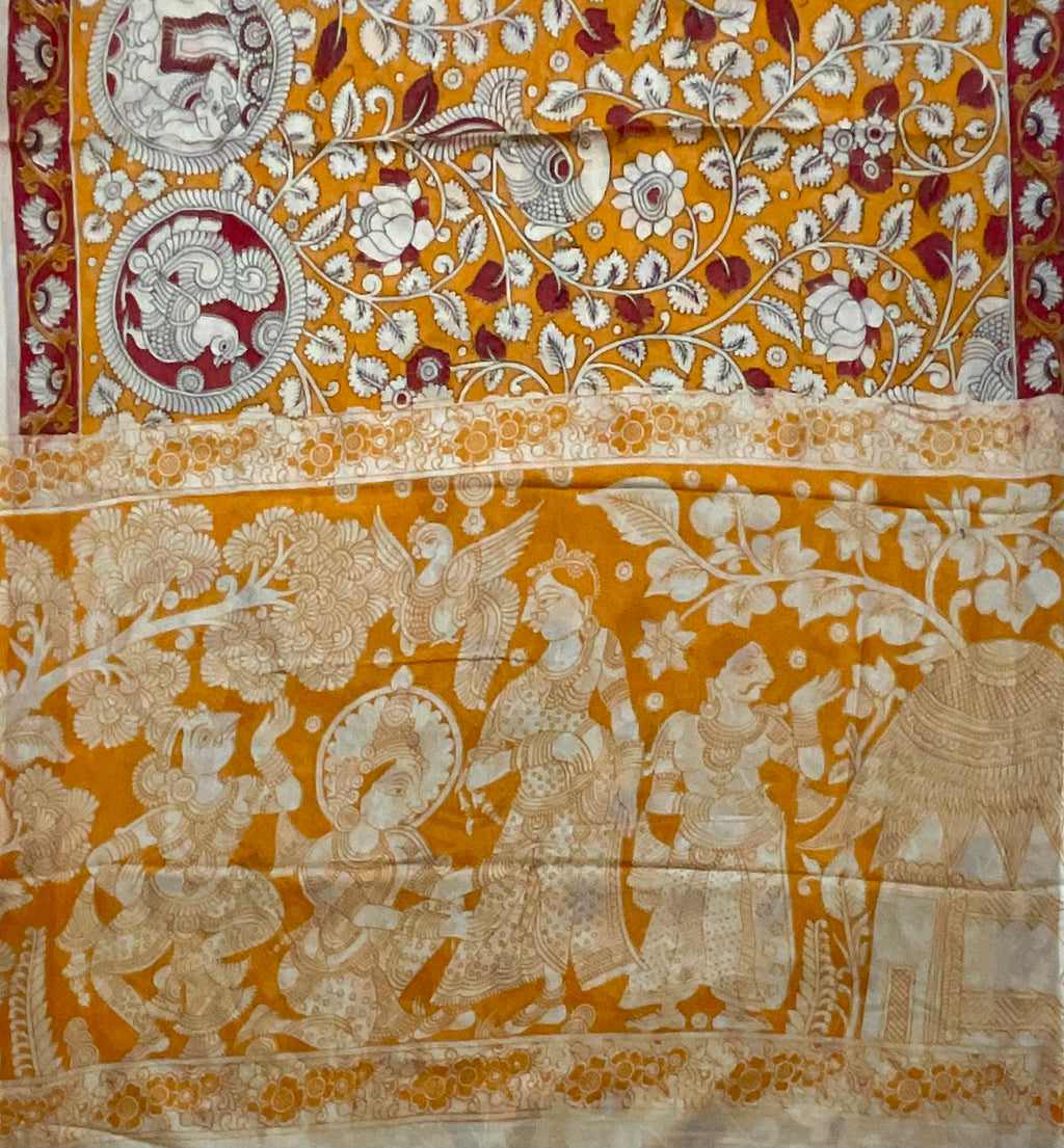 Kalamkari Hand Block Print Mul Cotton Saree – Mustard Yellow | With Blouse Piece