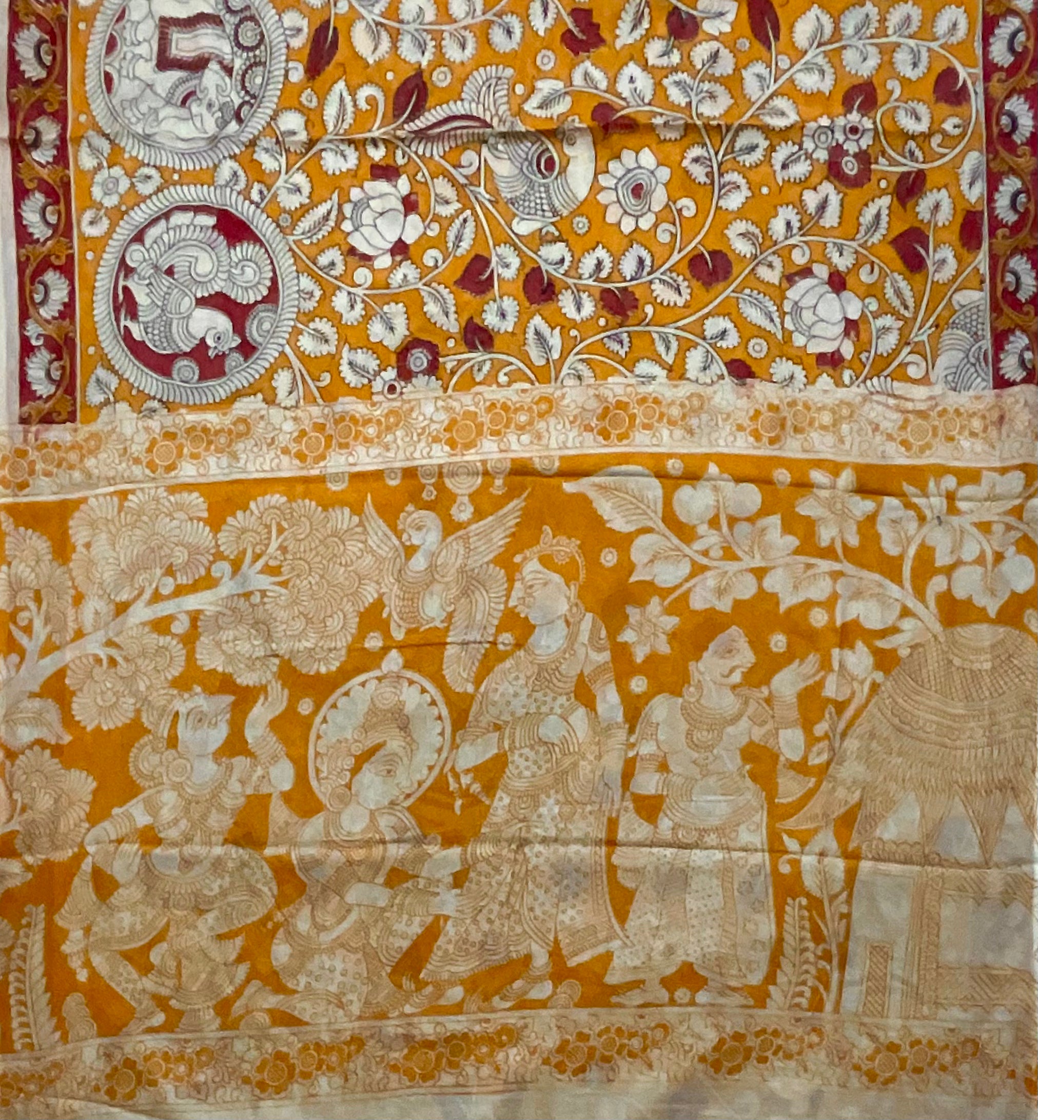 Kalamkari Hand Block Print Mul Cotton Saree – Mustard Yellow | With Blouse Piece