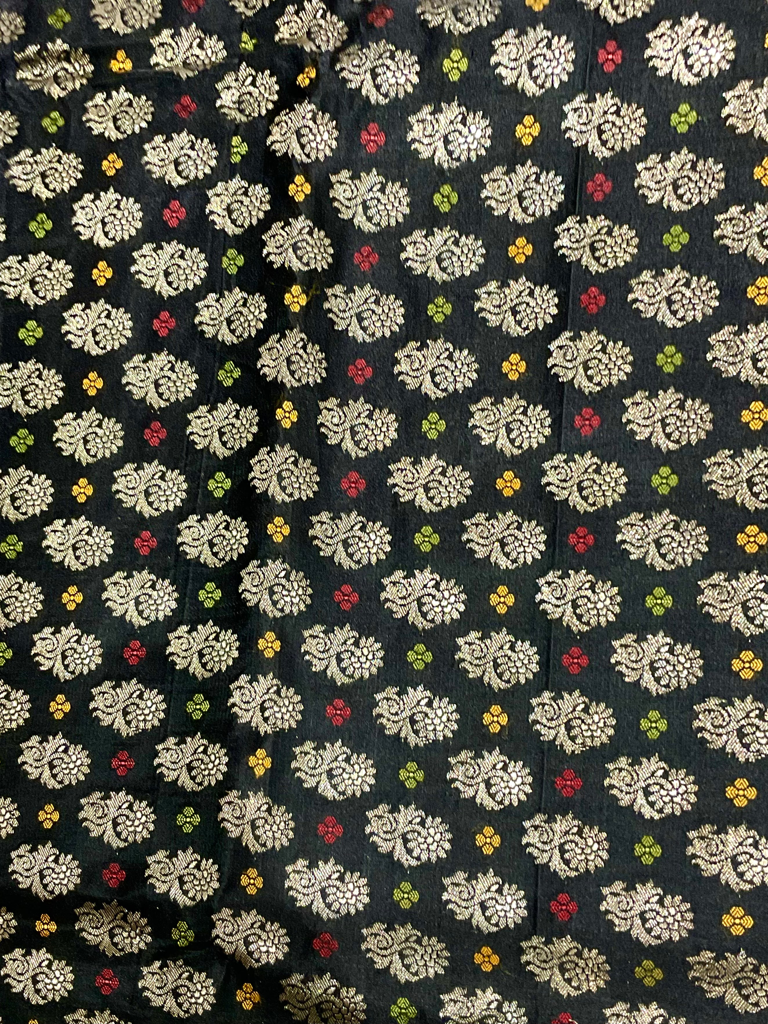 Black Banarasi Handloom Silk Fabric with Copper Zari Finish (Per Metre)