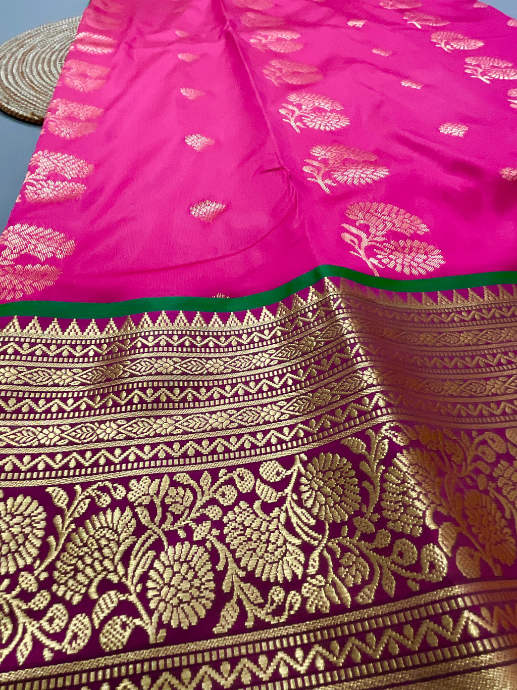 Pink Kanchipuram Tissue Silk Saree – Green Contrast Pallu & Green Heavy Border with Blouse