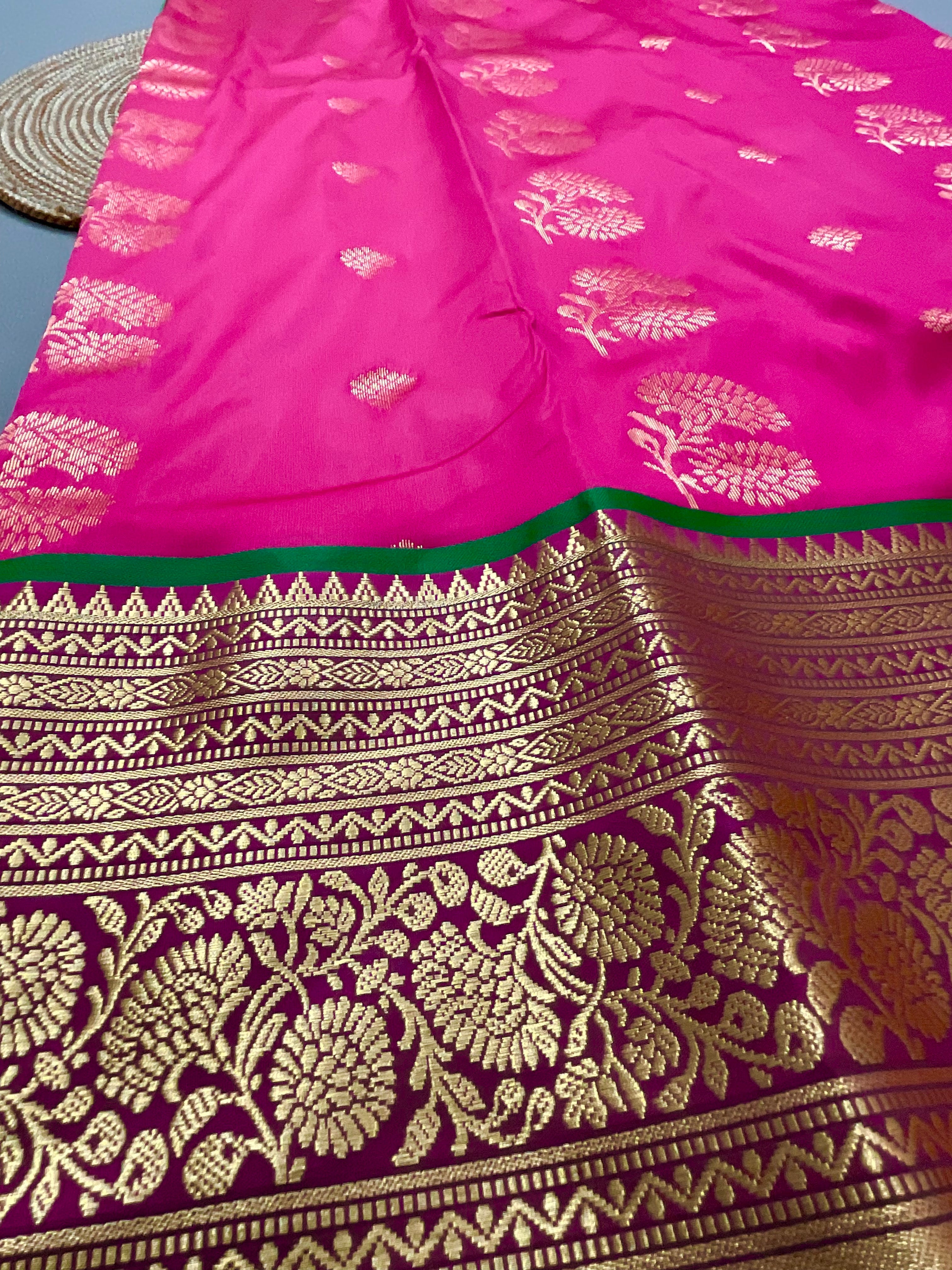 Pink Kanchipuram Tissue Silk Saree – Green Contrast Pallu & Green Heavy Border with Blouse