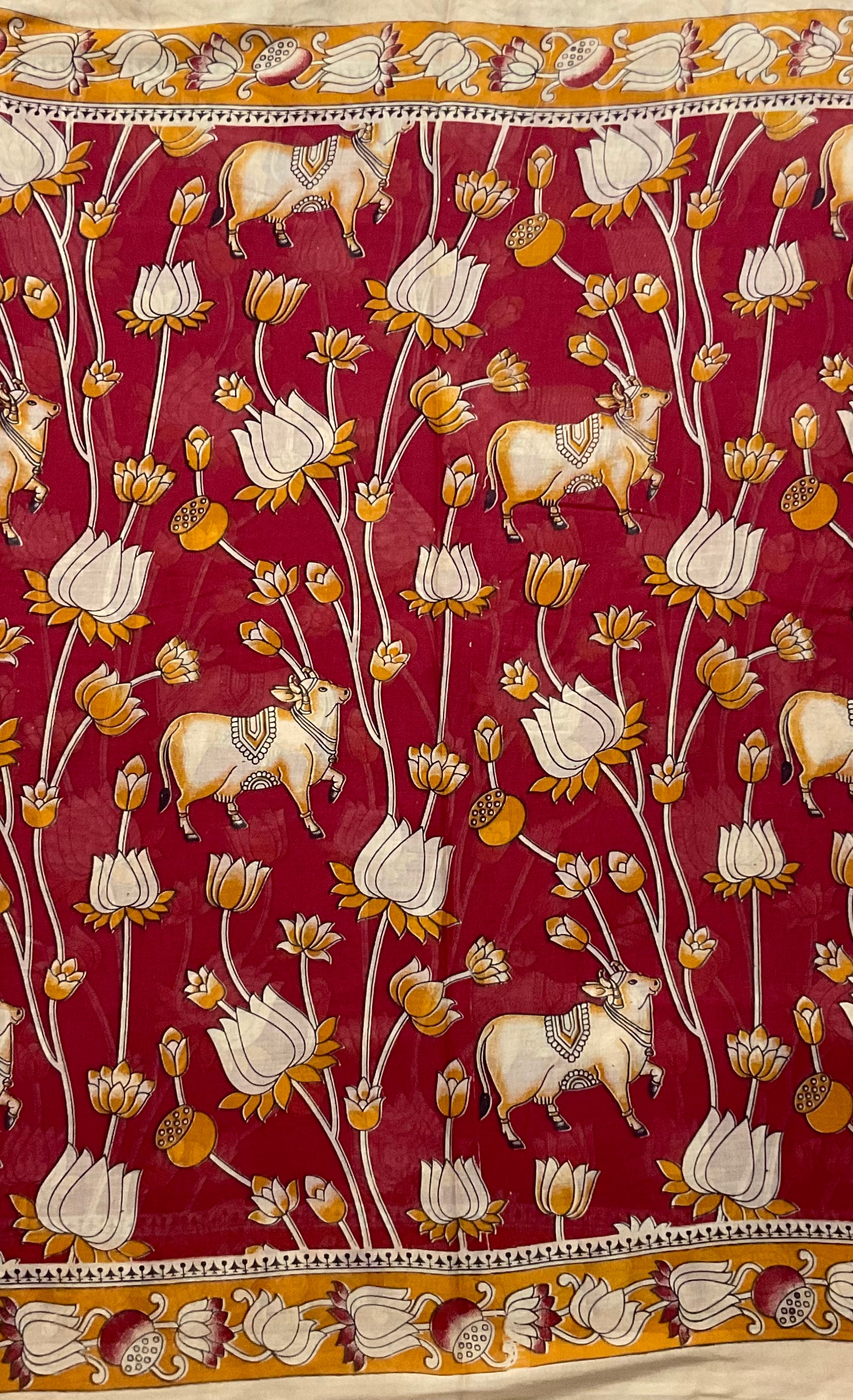 Kalamkari Hand Block Print Mul Cotton Saree – Red | With Blouse Piece
