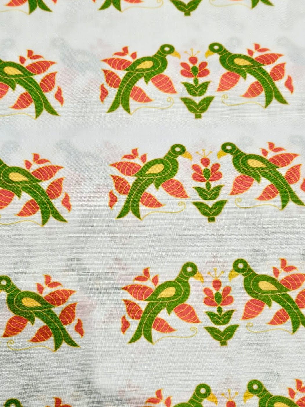Handloom cotton Silk printed Pichwai fabric in white with orange green parrot prints