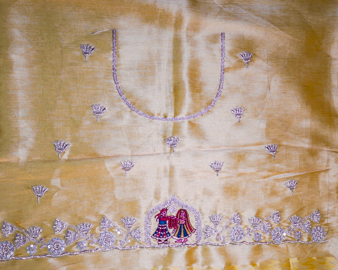 Lime Yellow Pure Silk Saree – Peacock & Radha-Krishna Figure Embroidery Designer Saree