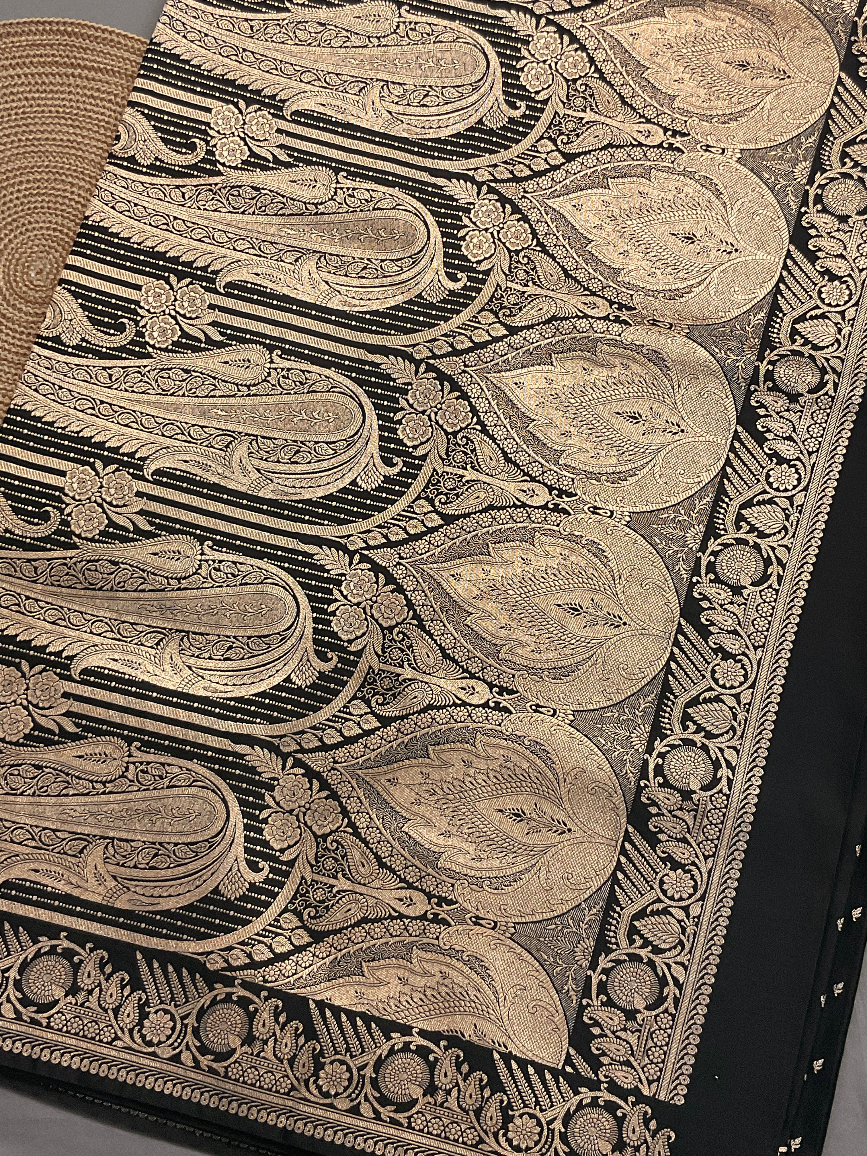 Handloom Banarasi Silk Saree in Black with Gold Zari Border & Designer Zari Pallu