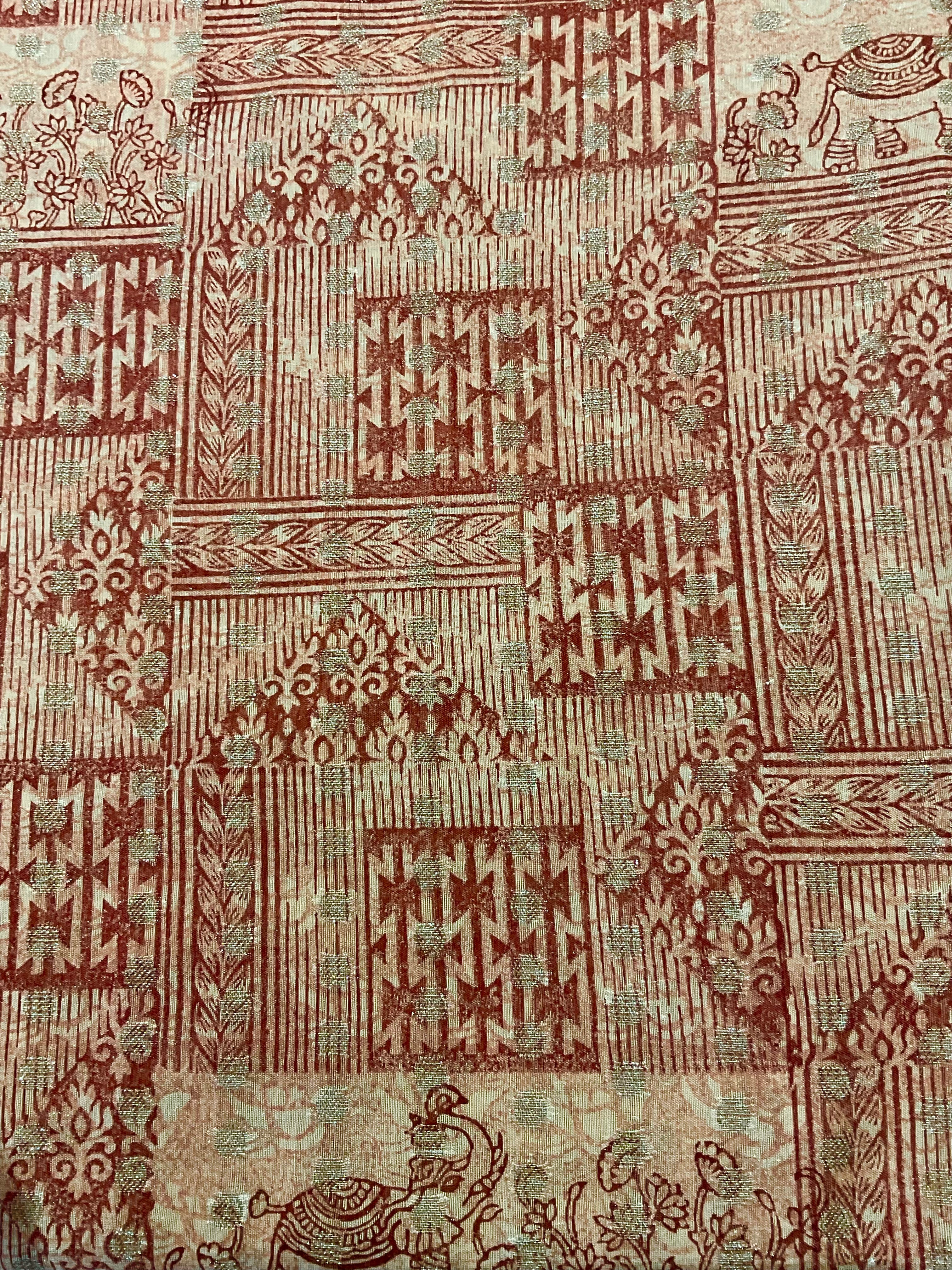 Red & Pink Kalamkari Butti Silk Fabric