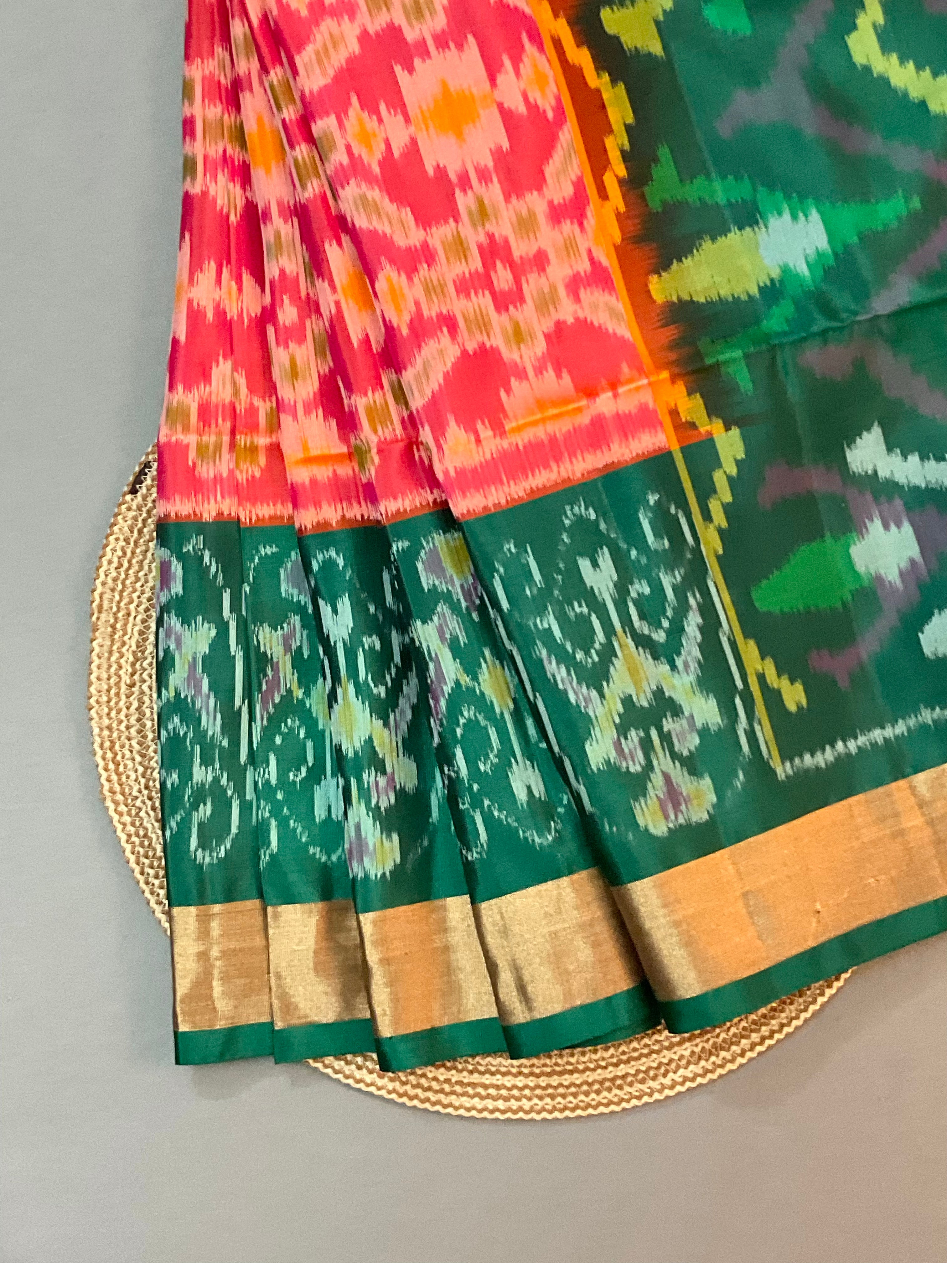 Royal Peach Pochampally Handwoven Ikat Silk Saree with Dark Green Contrast Pallu & Plain Blouse