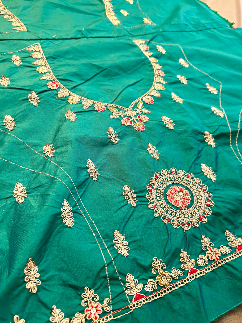 Emerald Green Handloom Banarasi Silk Lehenga with Contrast Red Silk Dupatta