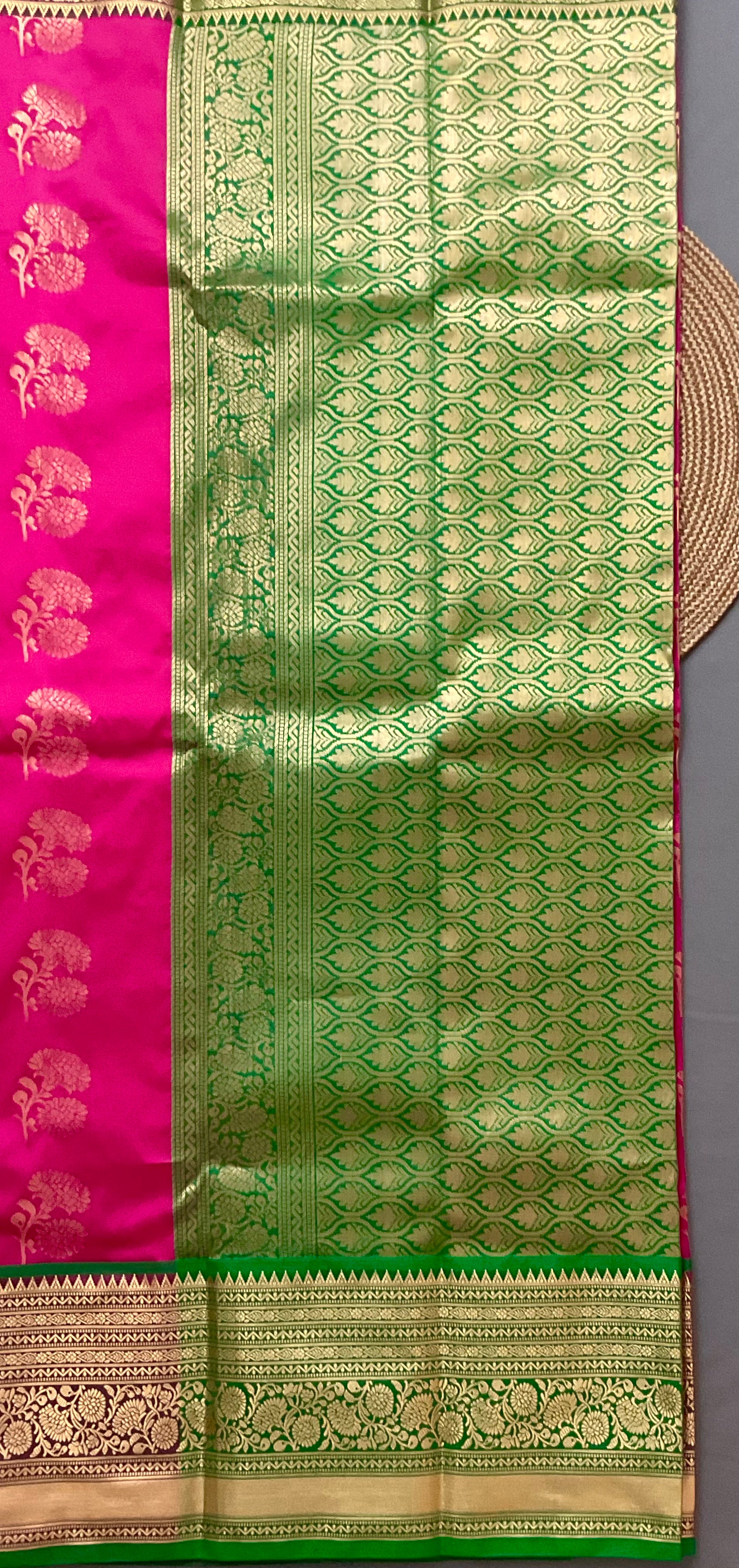 Pink Kanchipuram Tissue Silk Saree – Green Contrast Pallu & Green Heavy Border with Blouse
