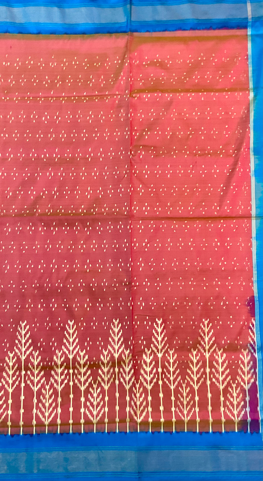 Peach Pink Pochampally Zari Silk Saree with Contrast Sky Blue Pallu & Plain Blouse