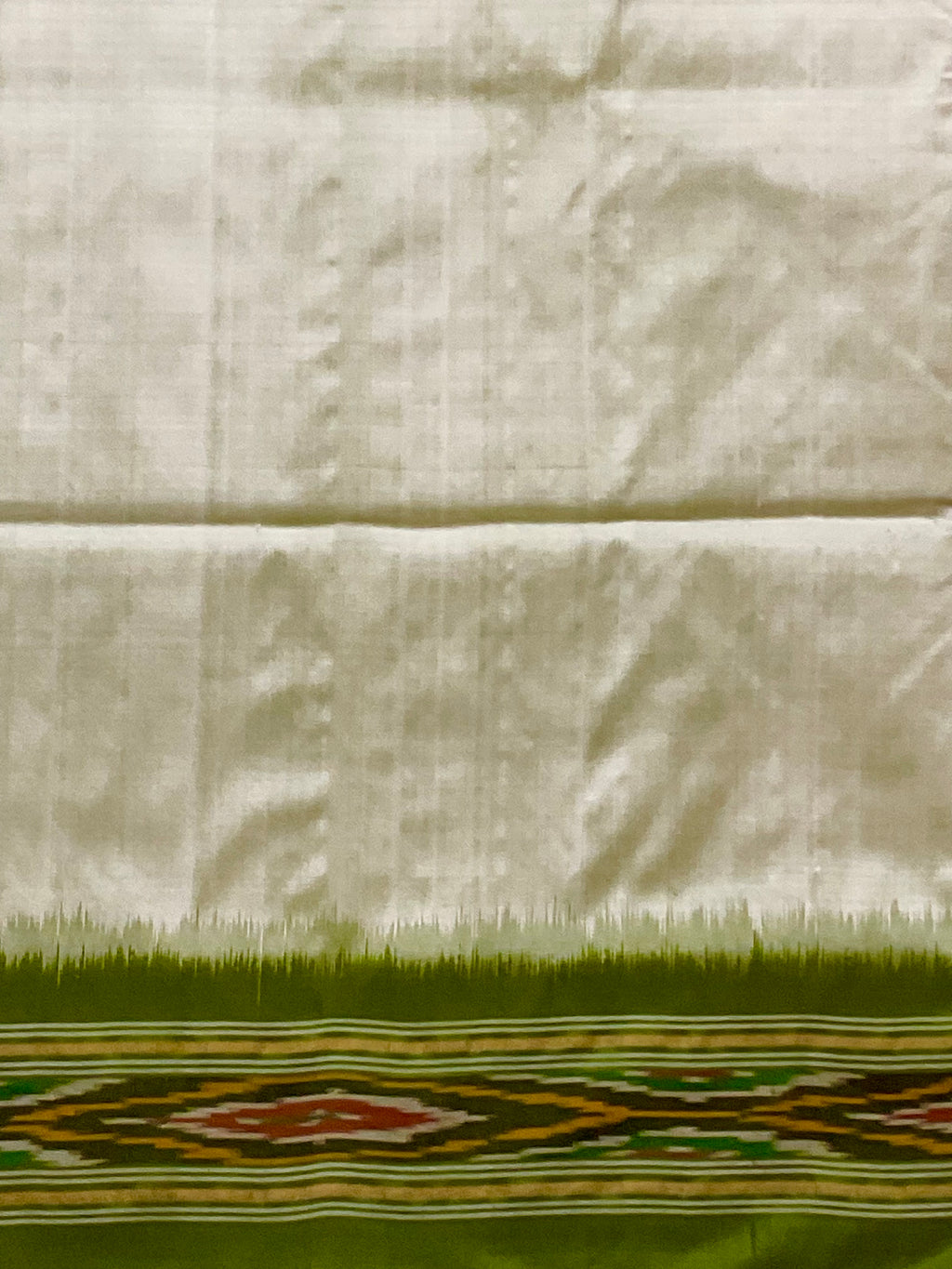 Light Green & Olive Pochampally Ikat Silk Saree — Patola Border & Pallu, Without Blouse