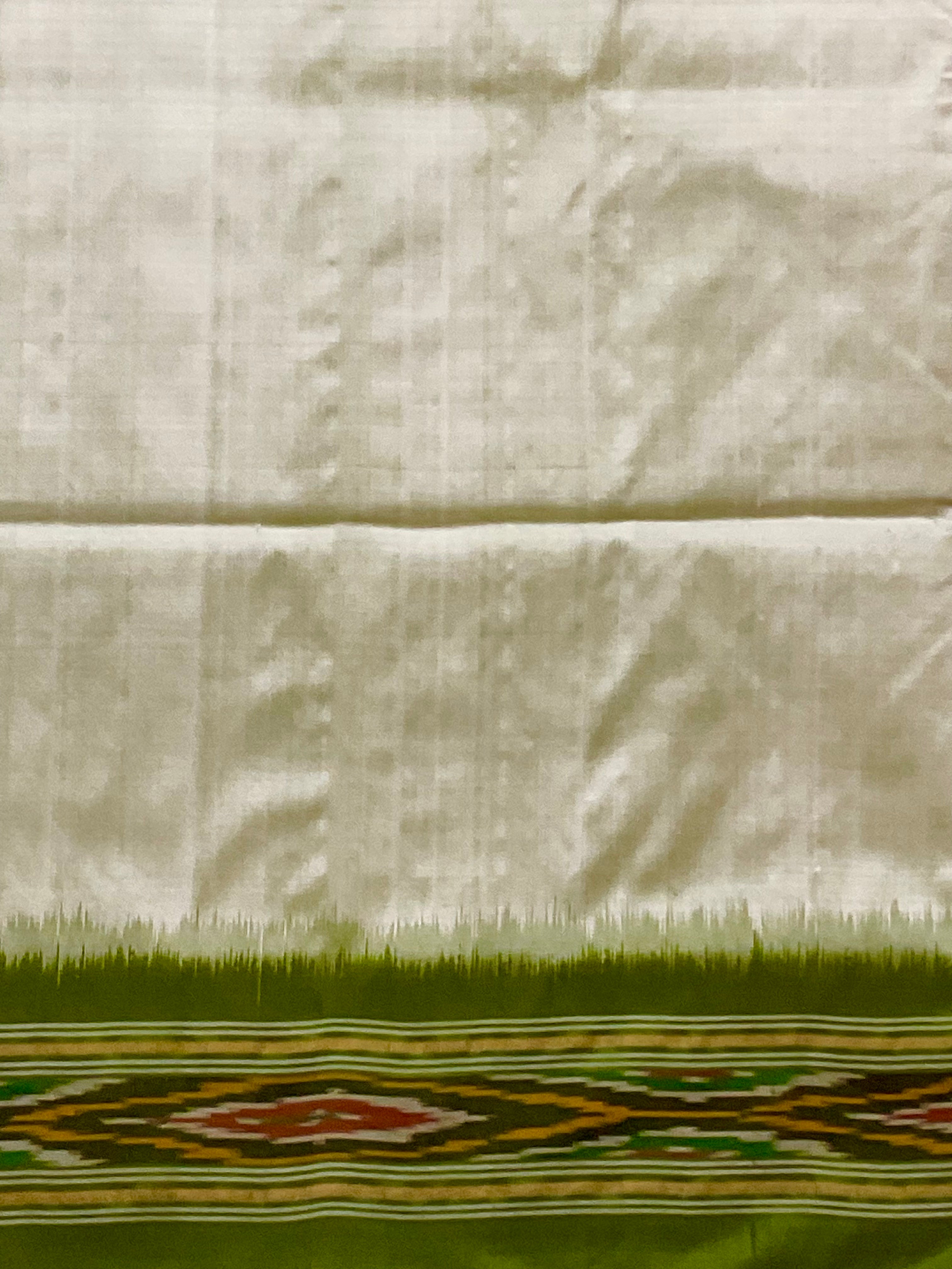 Light Green & Olive Pochampally Ikat Silk Saree — Patola Border & Pallu, Without Blouse