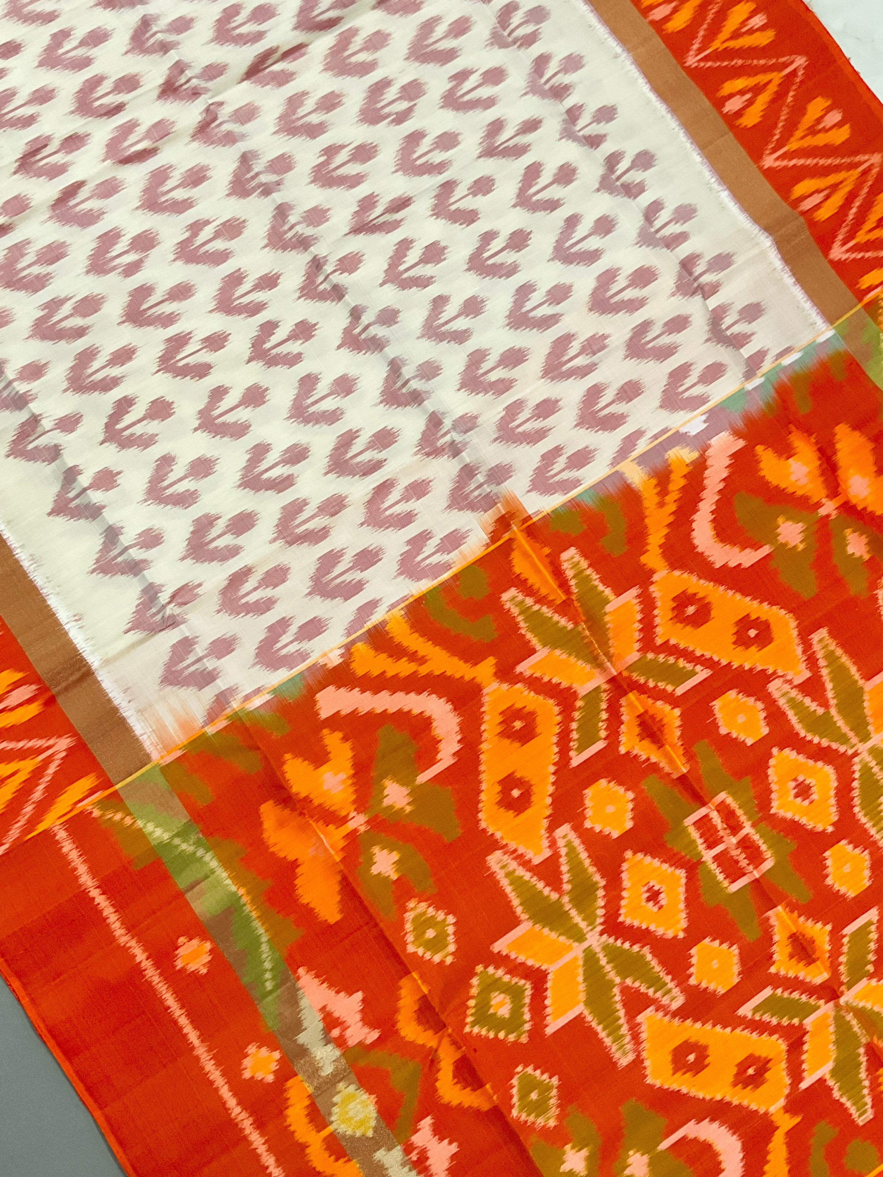 Royal Cream Pochampally Handwoven Ikat Silk Saree with Orange-Red Contrast Pallu & Plain Blouse