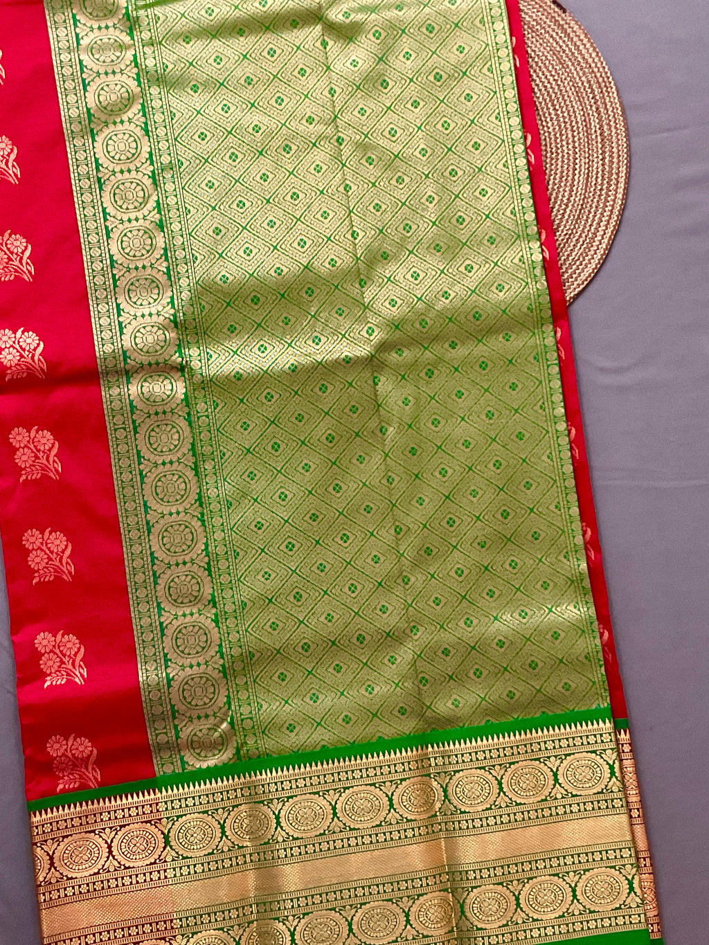 Red Kanchipuram Silk Saree – Green Contrast Pallu & Green Heavy Border with Blouse