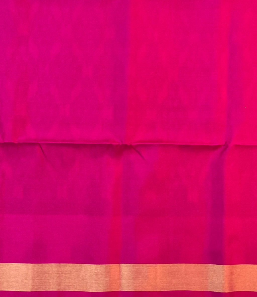Olive Green Pochampally Ikat Silk Saree with Contrast Rani Pink Pallu & Plain Blouse