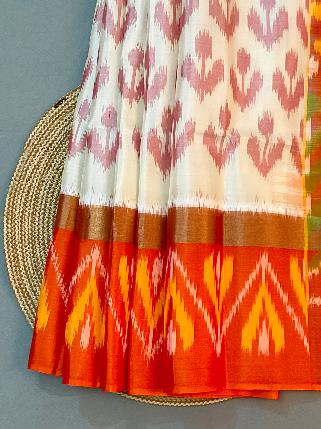 Royal Cream Pochampally Handwoven Ikat Silk Saree with Orange-Red Contrast Pallu & Plain Blouse