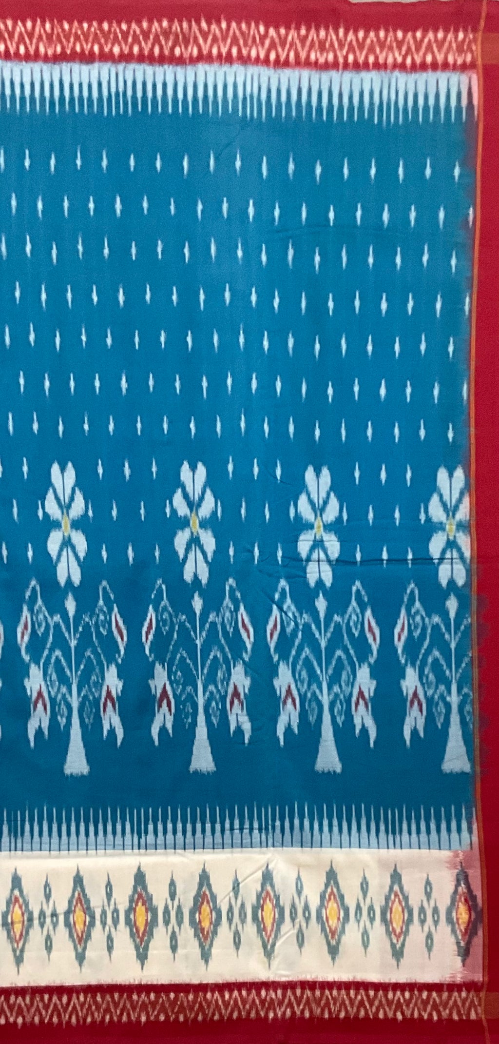 Sky Blue Pochampally Handloom Cotton Saree – Rich Heavy Zari Ikkat Border with Red Blouse