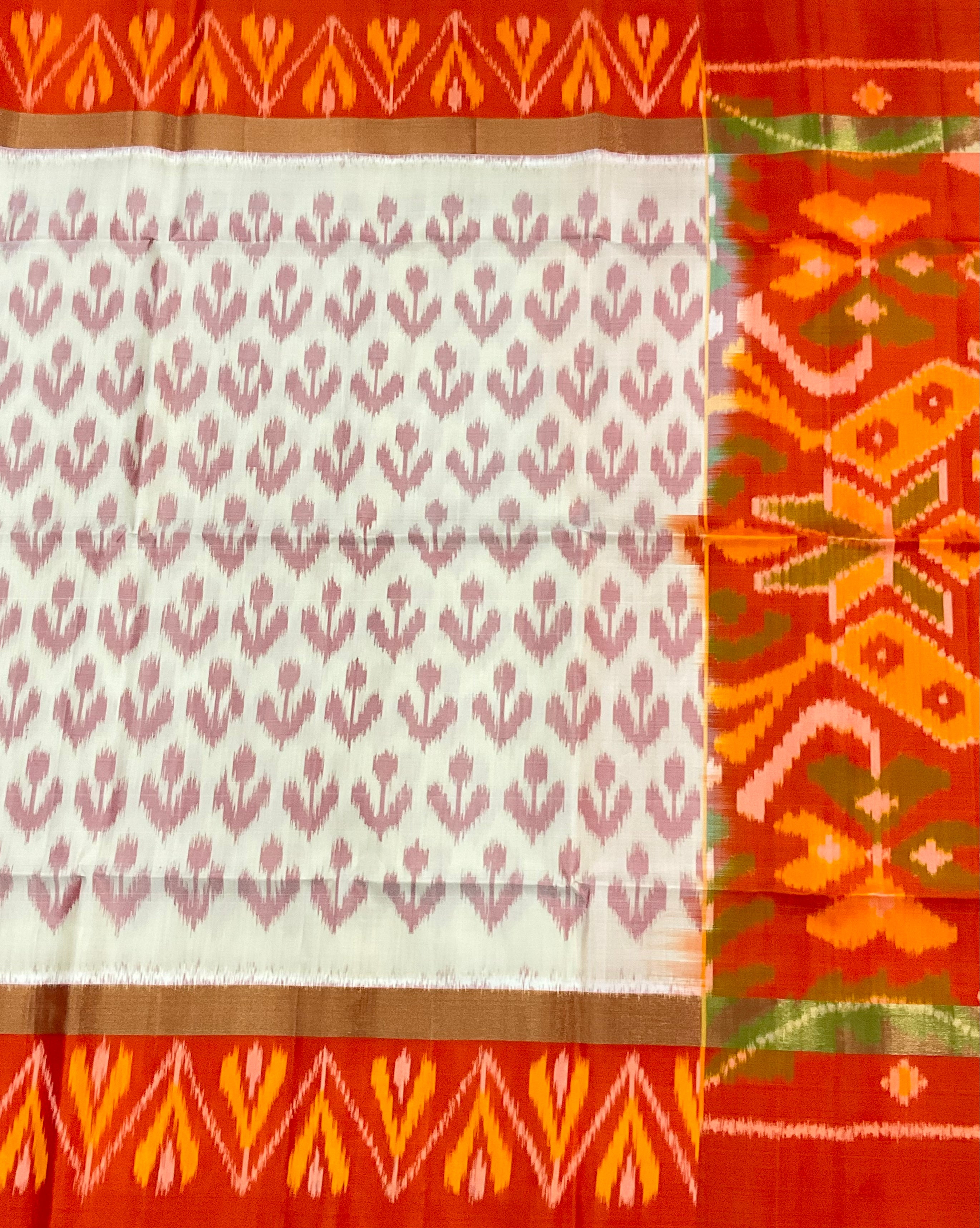Royal Cream Pochampally Handwoven Ikat Silk Saree with Orange-Red Contrast Pallu & Plain Blouse