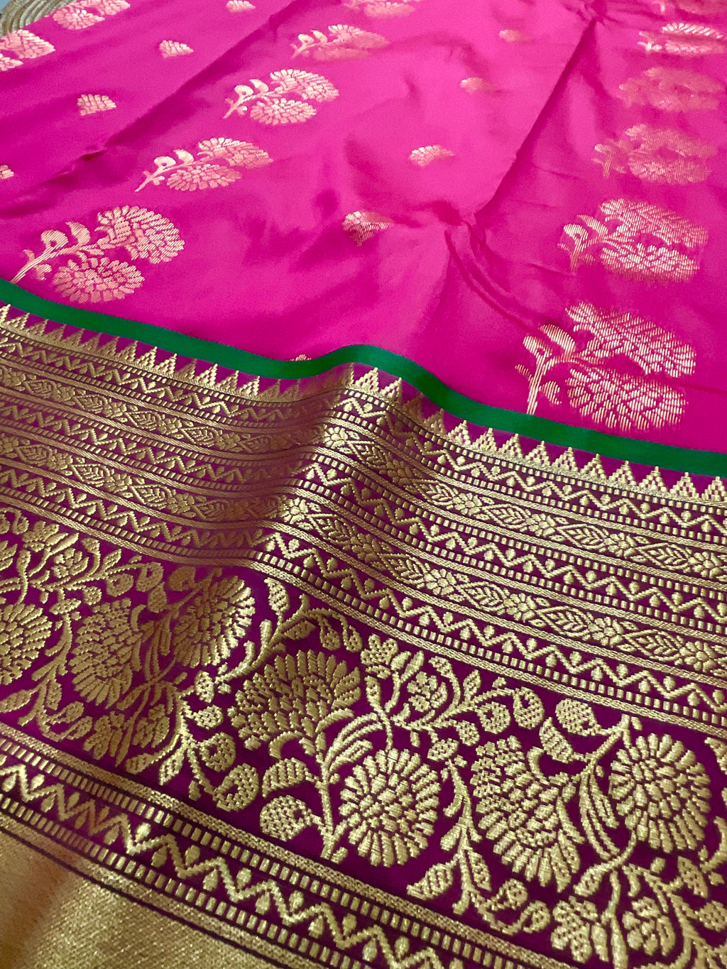 Pink Kanchipuram Tissue Silk Saree – Green Contrast Pallu & Green Heavy Border with Blouse