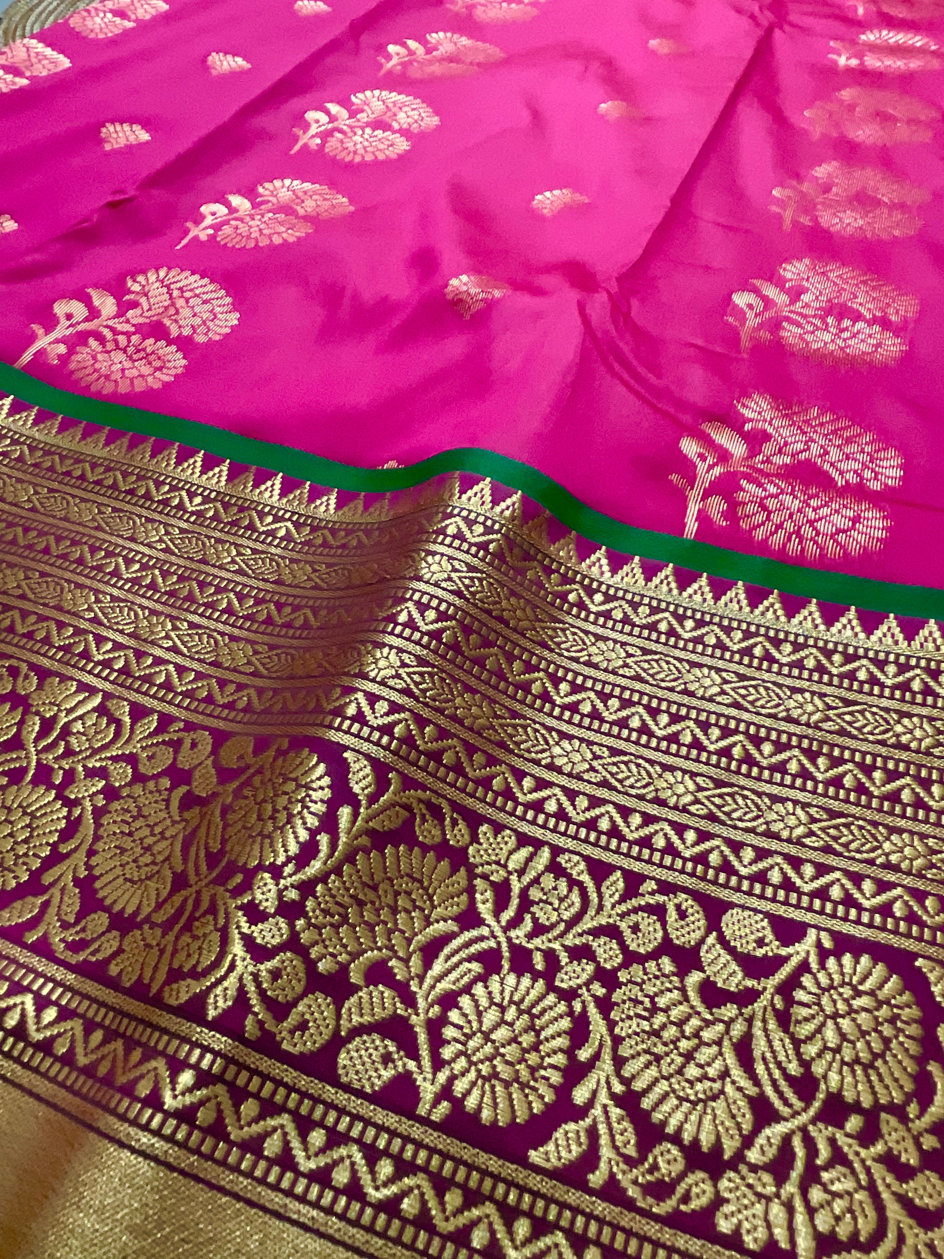 Pink Kanchipuram Tissue Silk Saree – Green Contrast Pallu & Green Heavy Border with Blouse