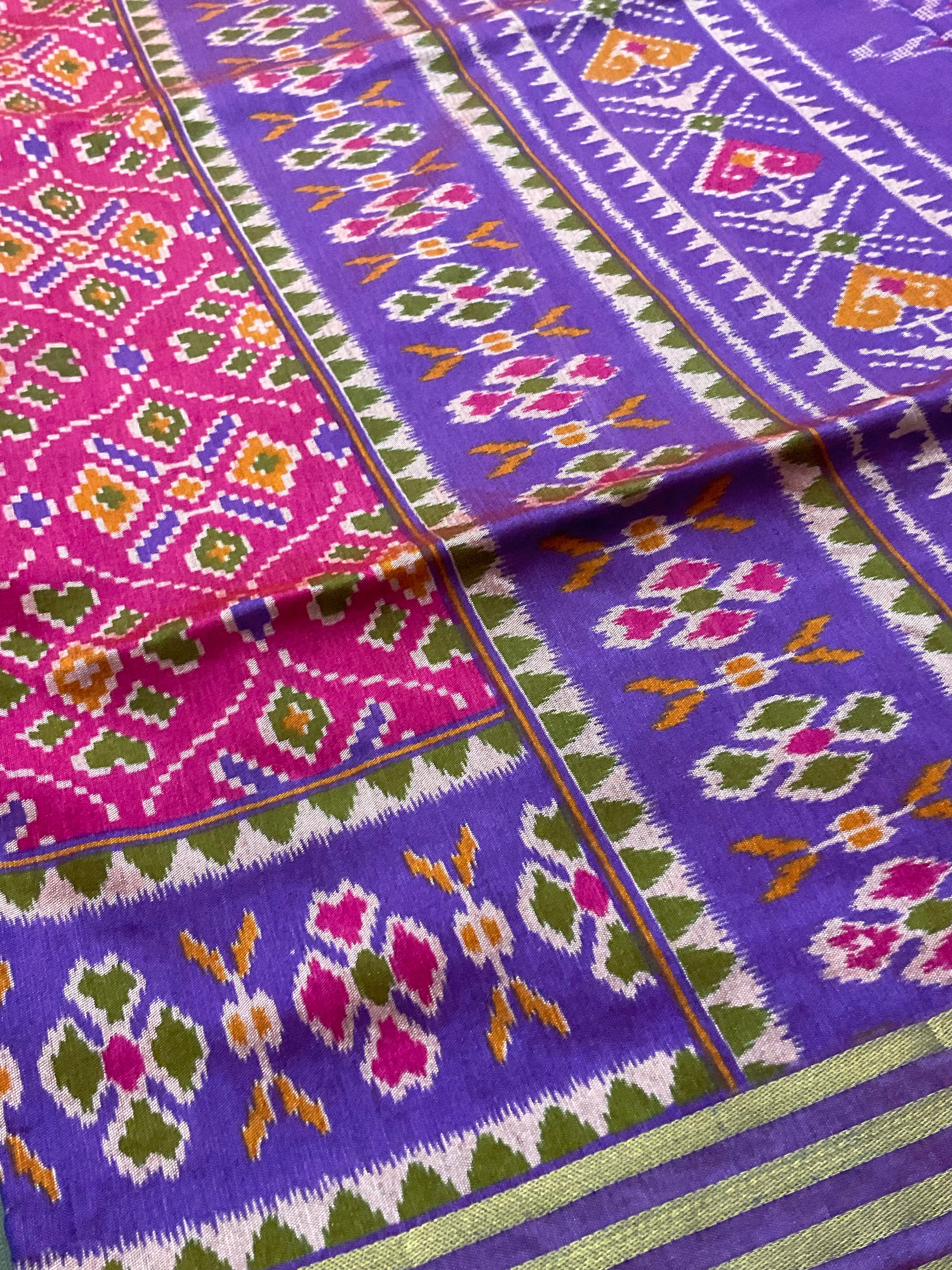 Pochampally Cotton Silk Ikkat Patola Print Saree in Pink with Dark Violet Designer Pallu