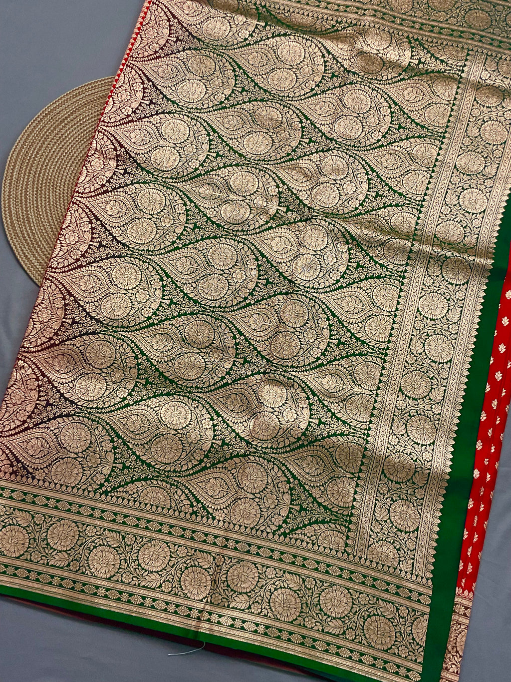 Handloom Banarasi Silk Saree in Red with Gold Zari Border & Contrast Green Zari Pallu