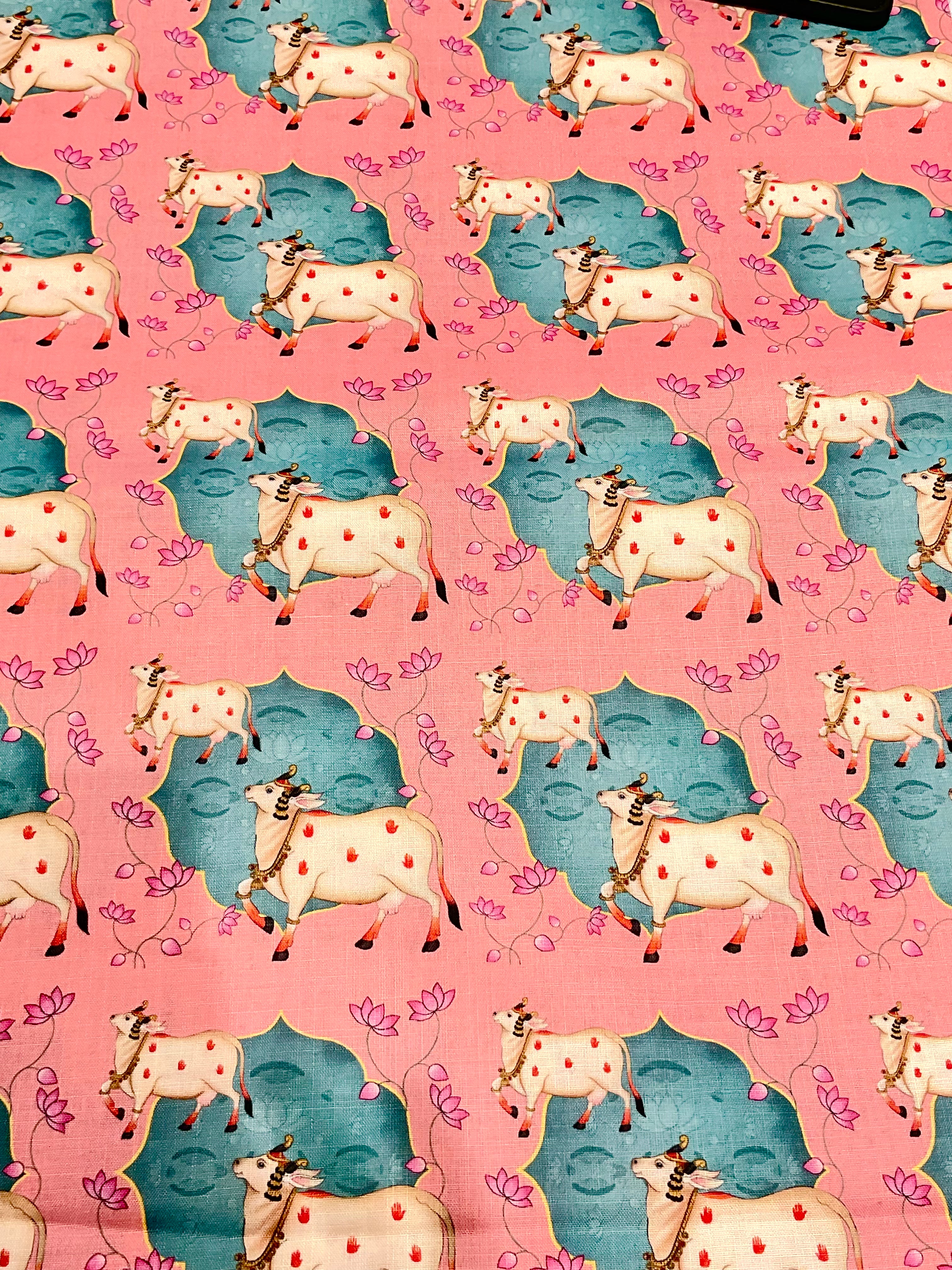 Handloom cotton Silk printed Pichwai fabric in pink with cow prints