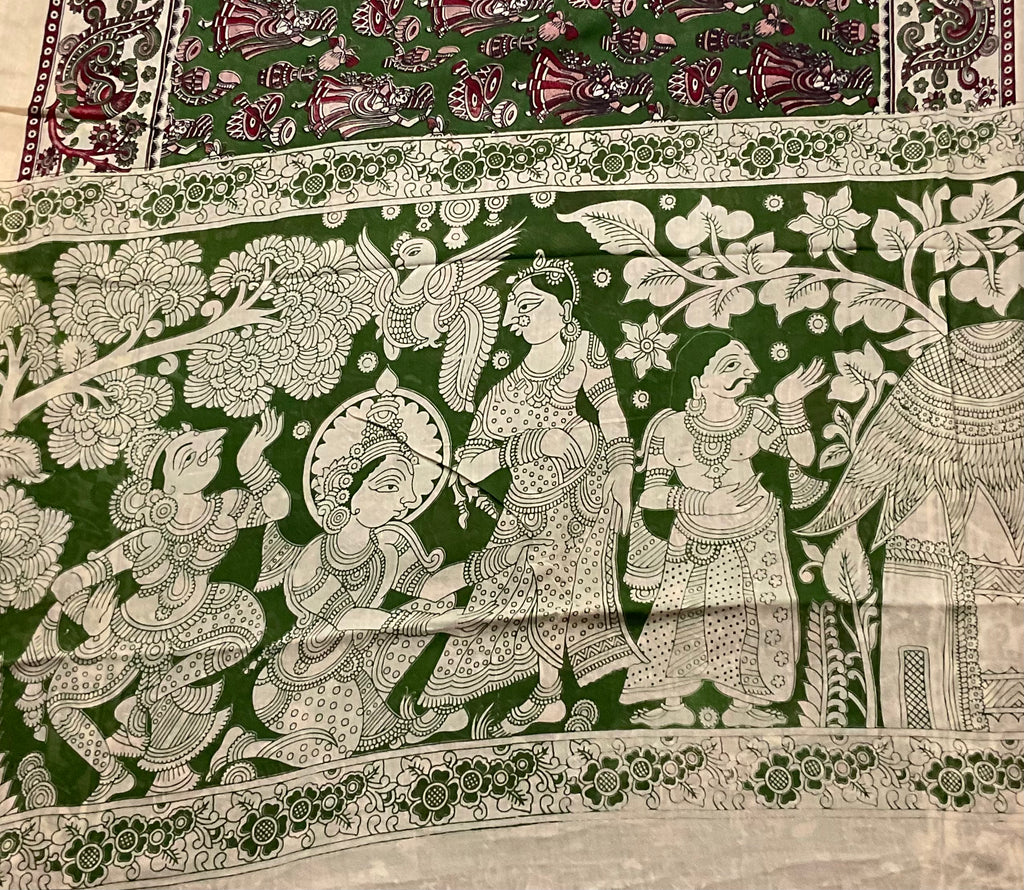 Kalamkari Hand Block Print Mul Cotton Saree – Green | With Blouse Piece