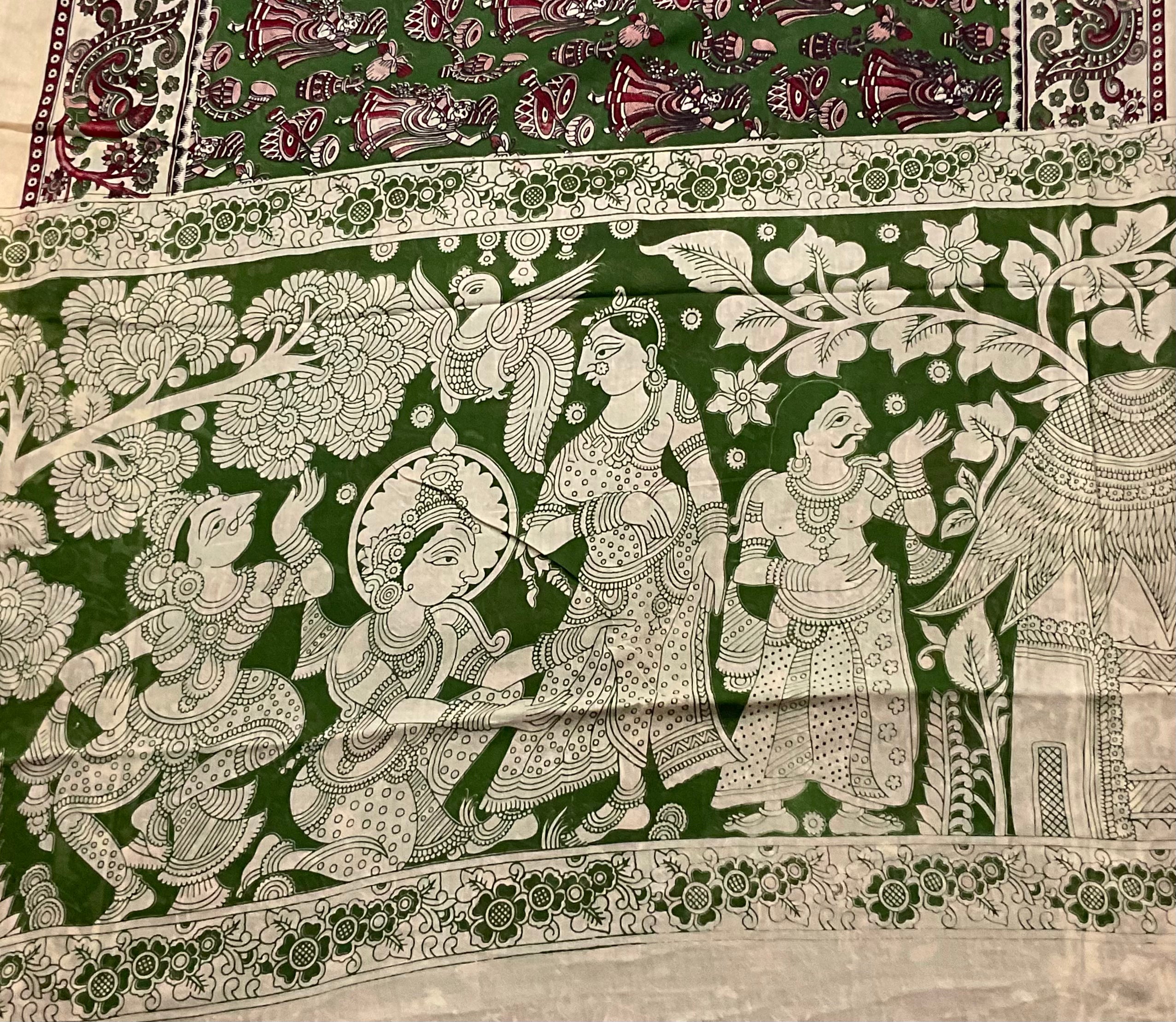 Kalamkari Hand Block Print Mul Cotton Saree – Green | With Blouse Piece