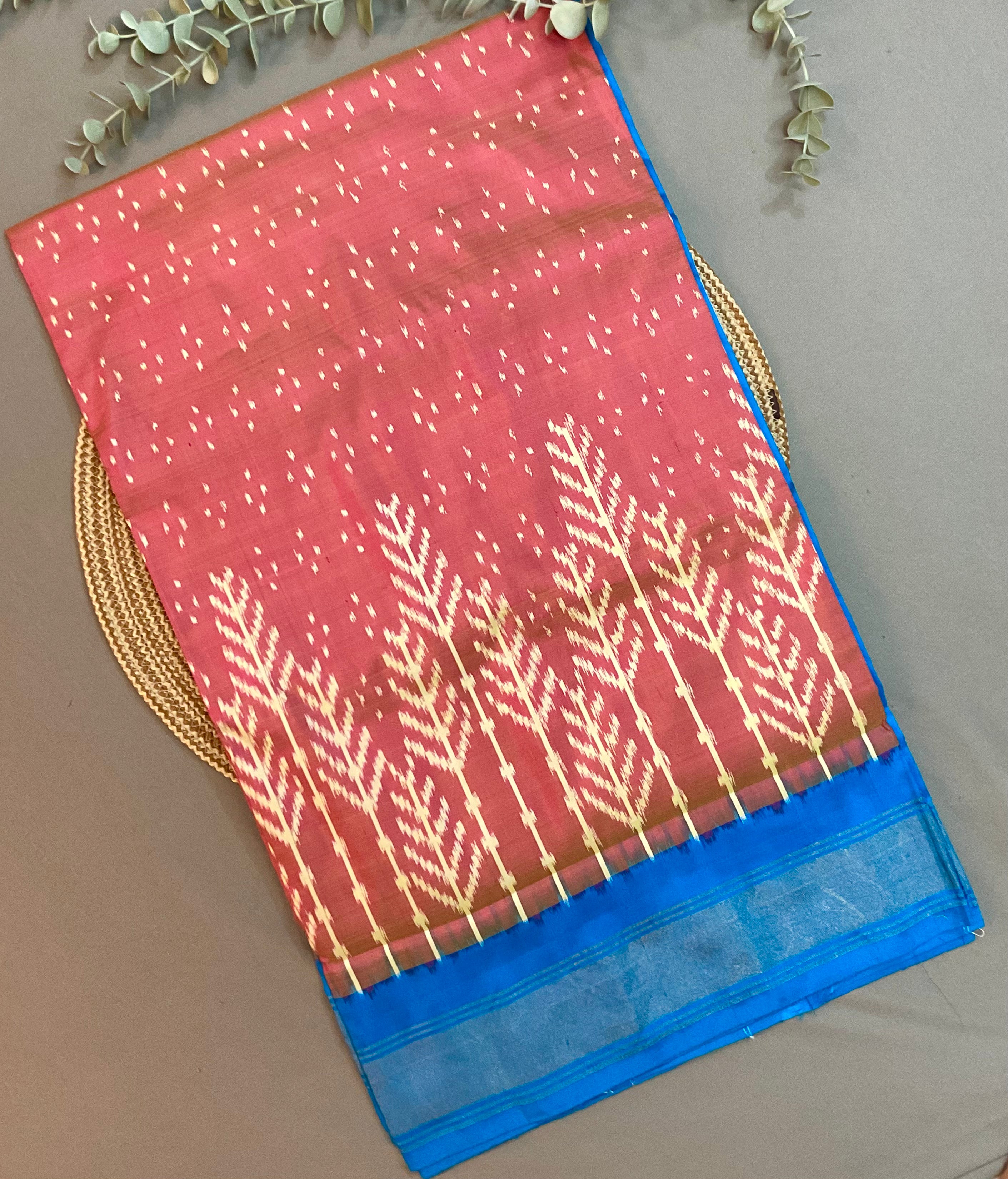 Peach Pink Pochampally Zari Silk Saree with Contrast Sky Blue Pallu & Plain Blouse