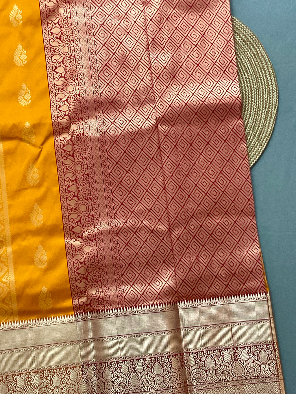 Mustard Kanchipuram Silk Saree – Red Contrast Pallu & Red Heavy Border with Blouse