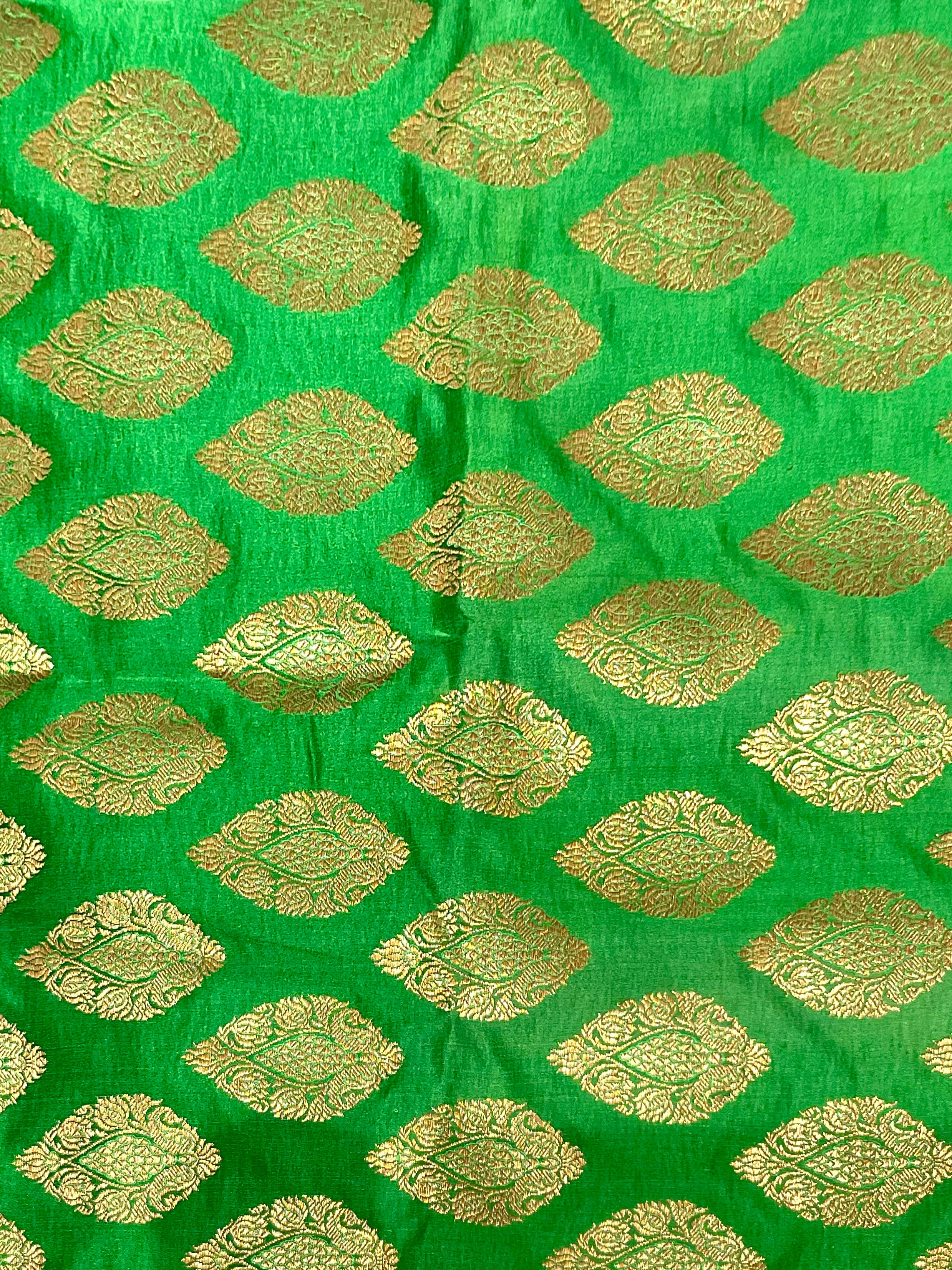 Green Banarasi Handloom Silk Fabric with Gold Zari Finish (Per Metre)