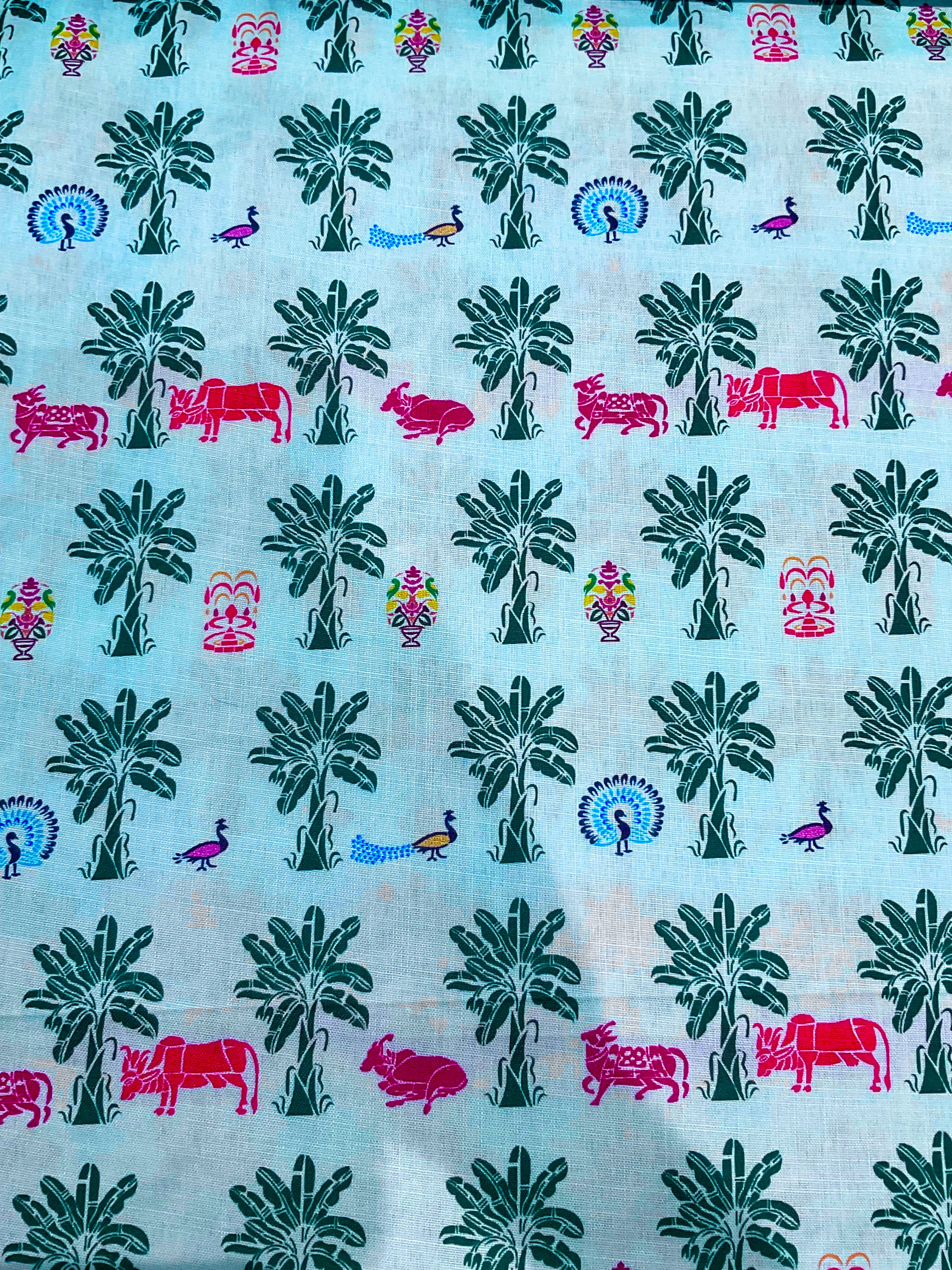 Handloom cotton Silk printed Pichwai fabric in bluish green with peacock and tree prints
