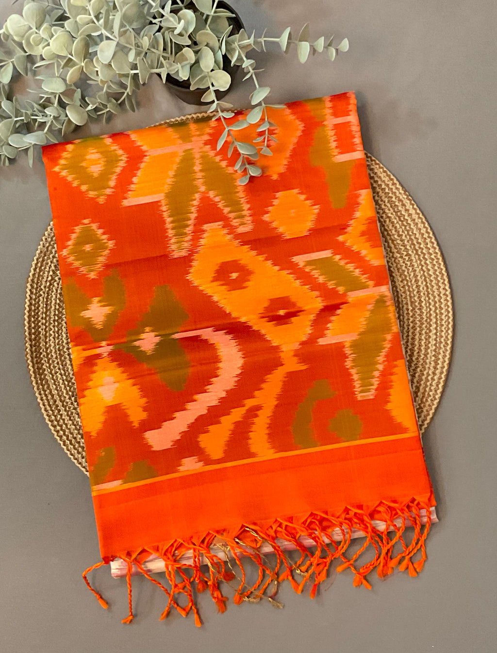 Royal Cream Pochampally Handwoven Ikat Silk Saree with Orange-Red Contrast Pallu & Plain Blouse