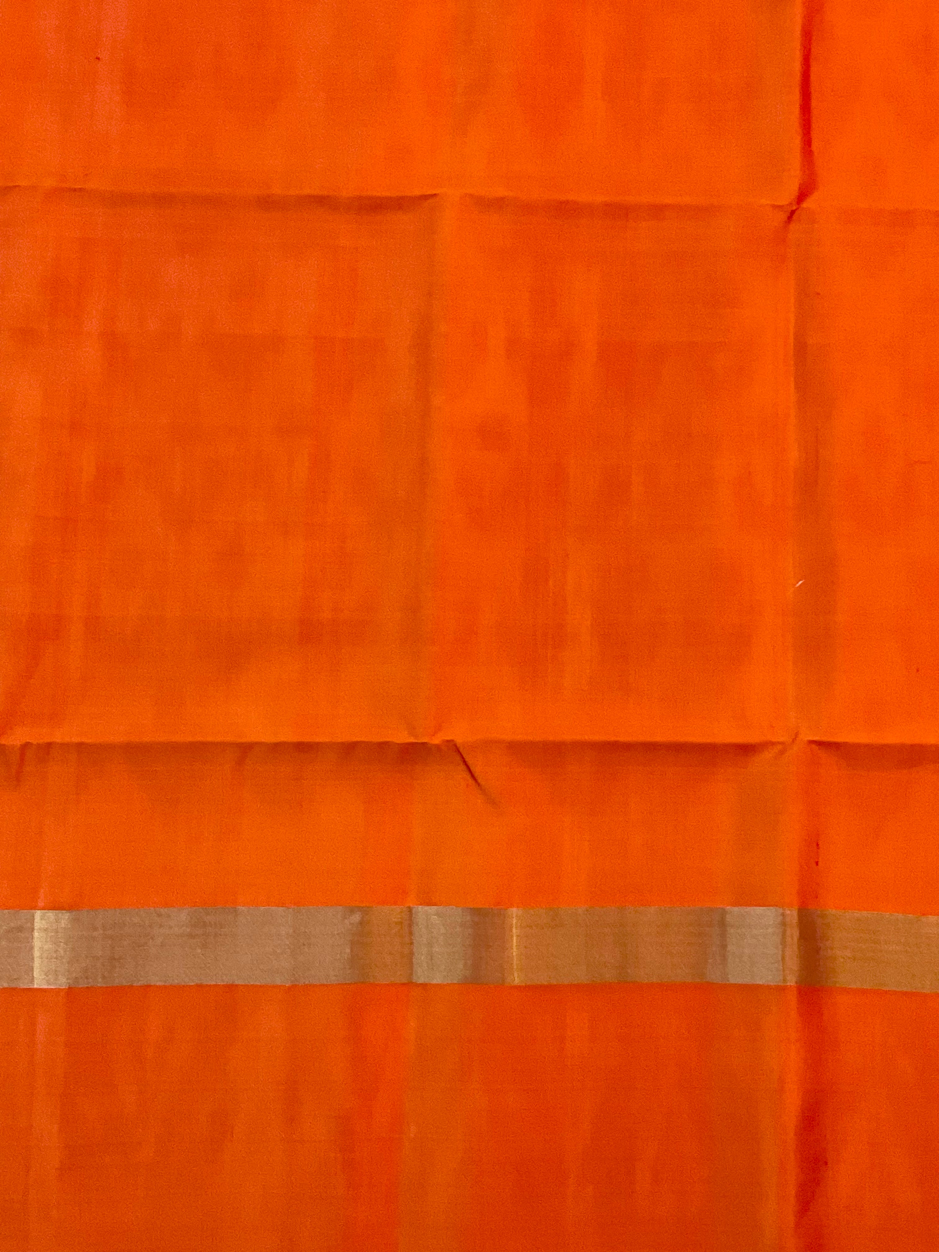 Royal Cream Pochampally Handwoven Ikat Silk Saree with Orange-Red Contrast Pallu & Plain Blouse