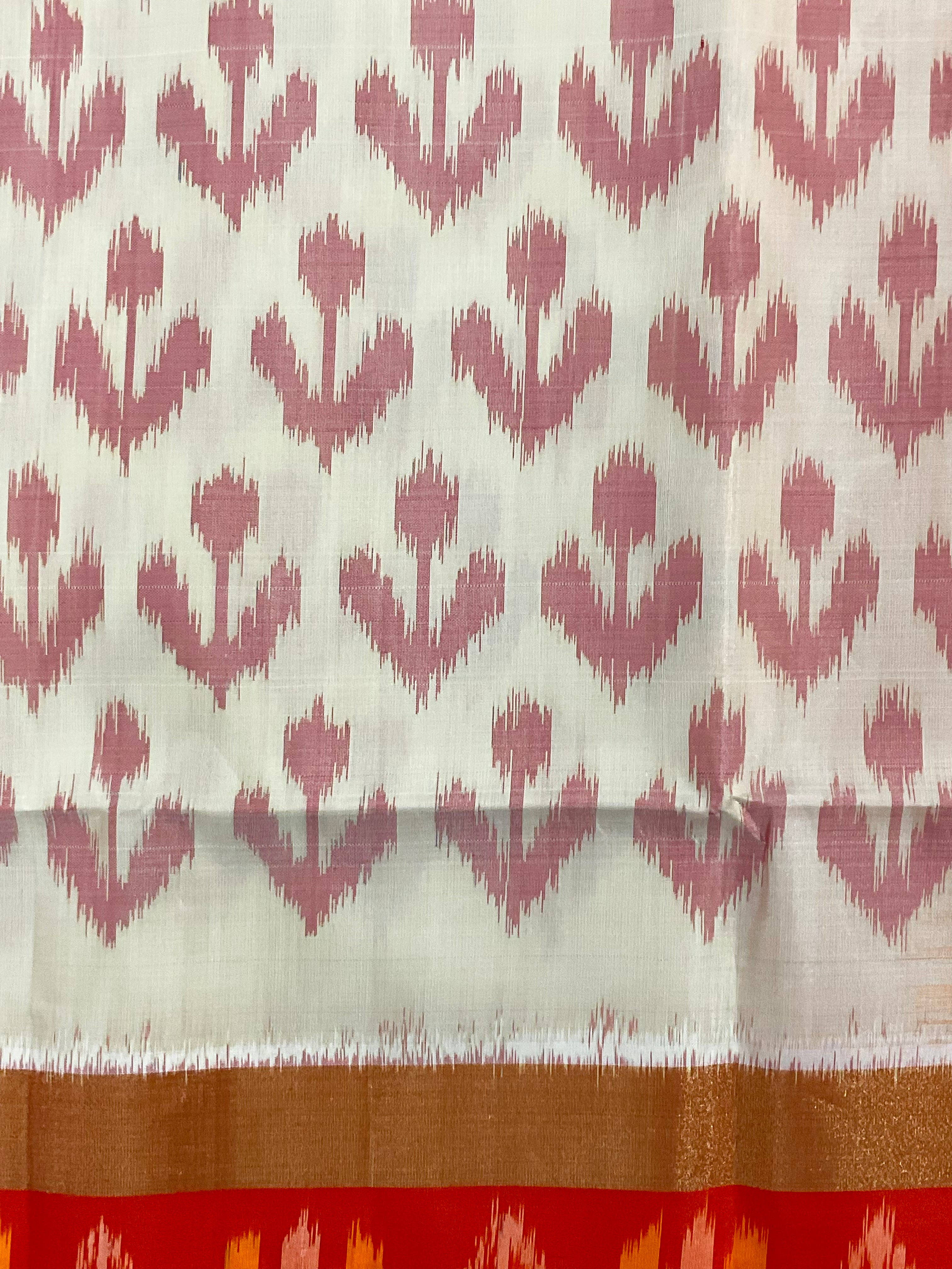 Royal Cream Pochampally Handwoven Ikat Silk Saree with Orange-Red Contrast Pallu & Plain Blouse
