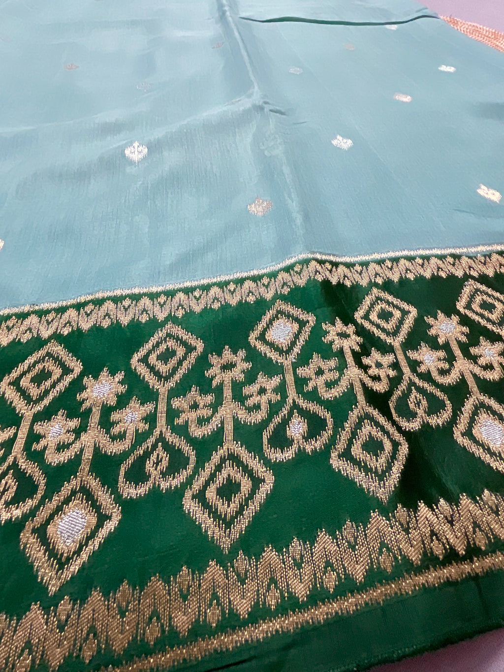 Sea Green Banarasi Handloom Silk Saree with Ikat Border — Dark Green Contrast Pallu & Designer Blouse
