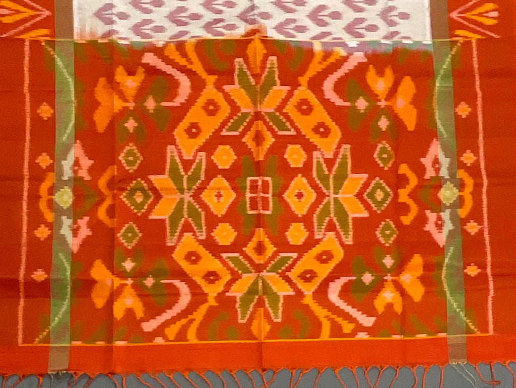 Royal Cream Pochampally Handwoven Ikat Silk Saree with Orange-Red Contrast Pallu & Plain Blouse